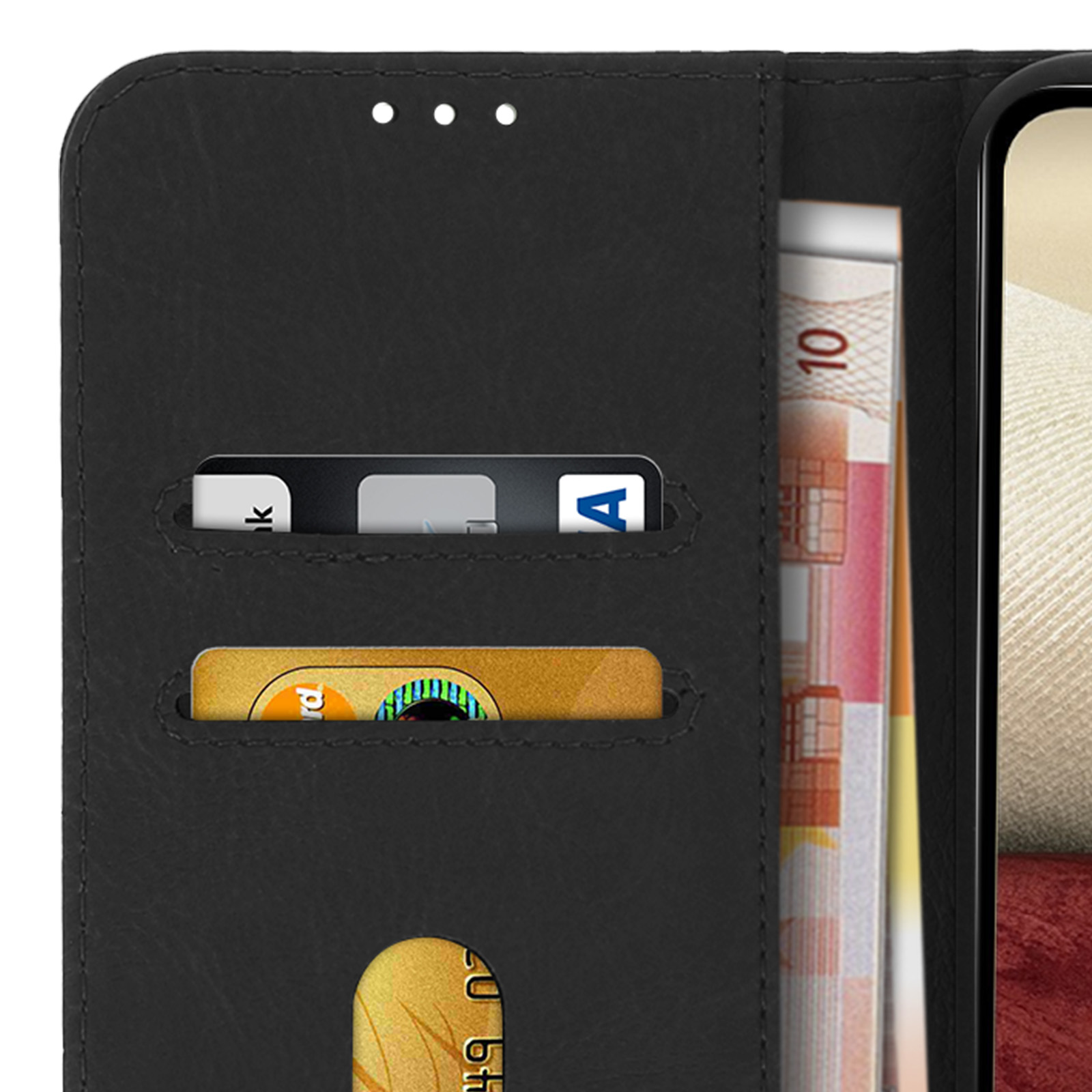 Eine schwarze Handyhülle, geöffnet, mit Kreditkarten und einem 10-Euro-Schein.