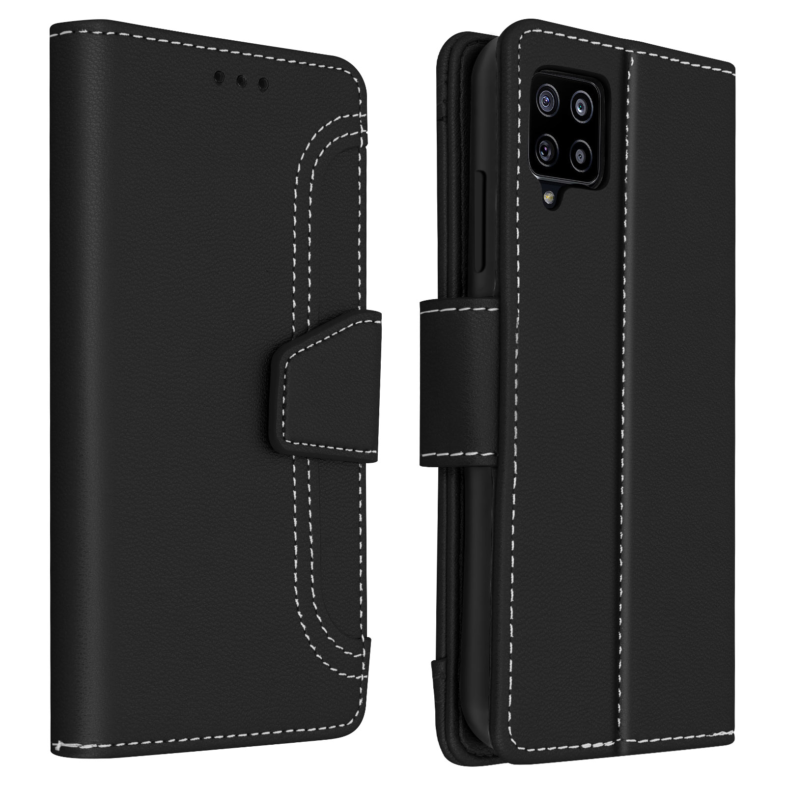 Un étui de téléphone noir ouvert, montrant les coutures et l'intérieur. Le téléphone est à l'intérieur.