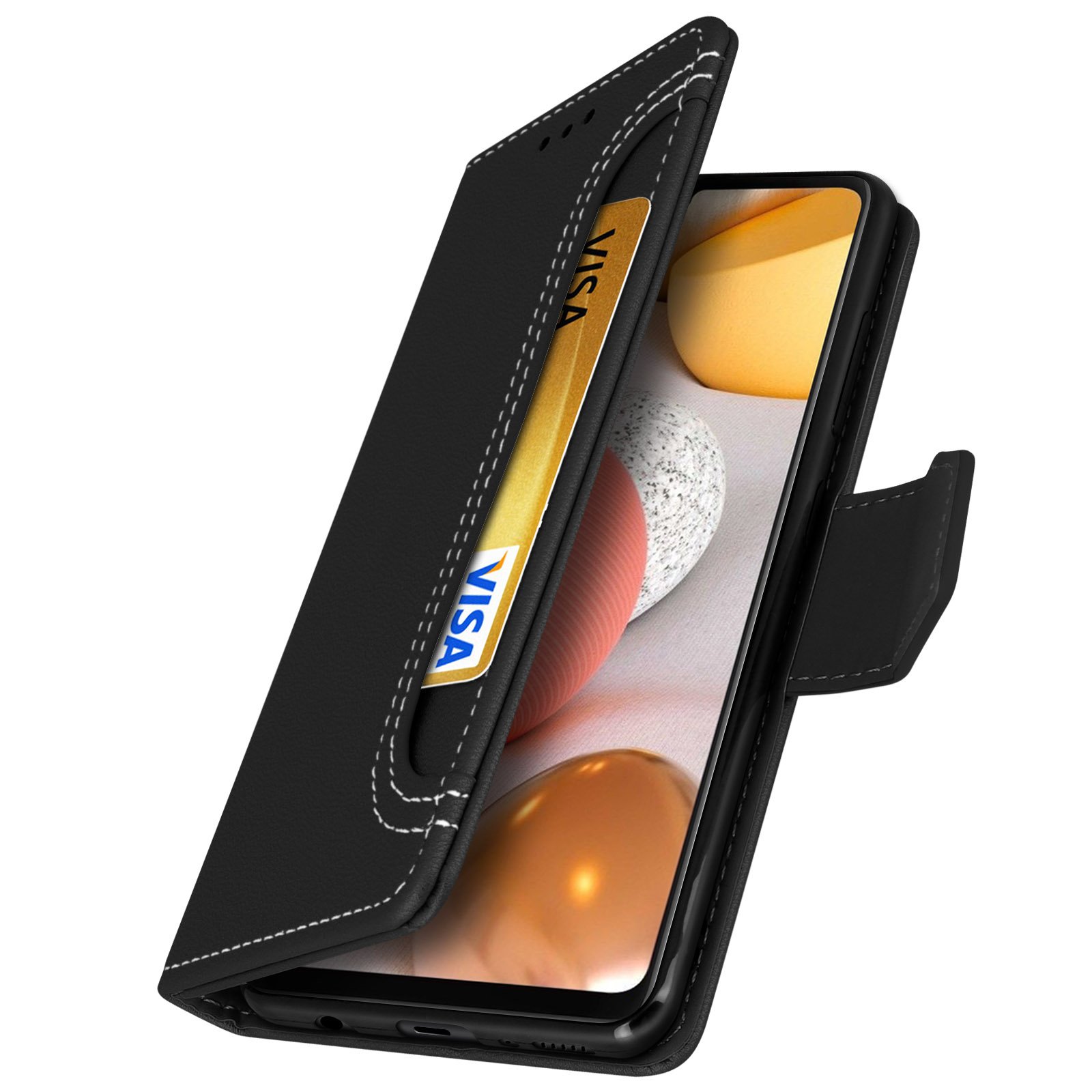 Coque de téléphone noire avec carte et bord cousu blanc.