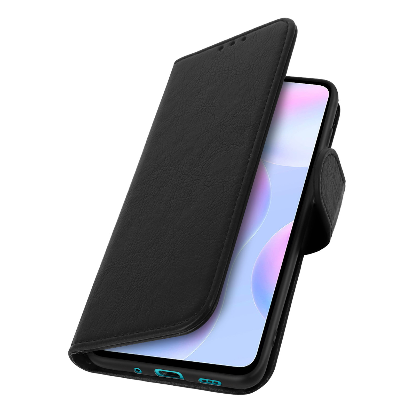 Een zwarte telefoonhoes met een vouwklep, die het scherm van de telefoon beschermt.