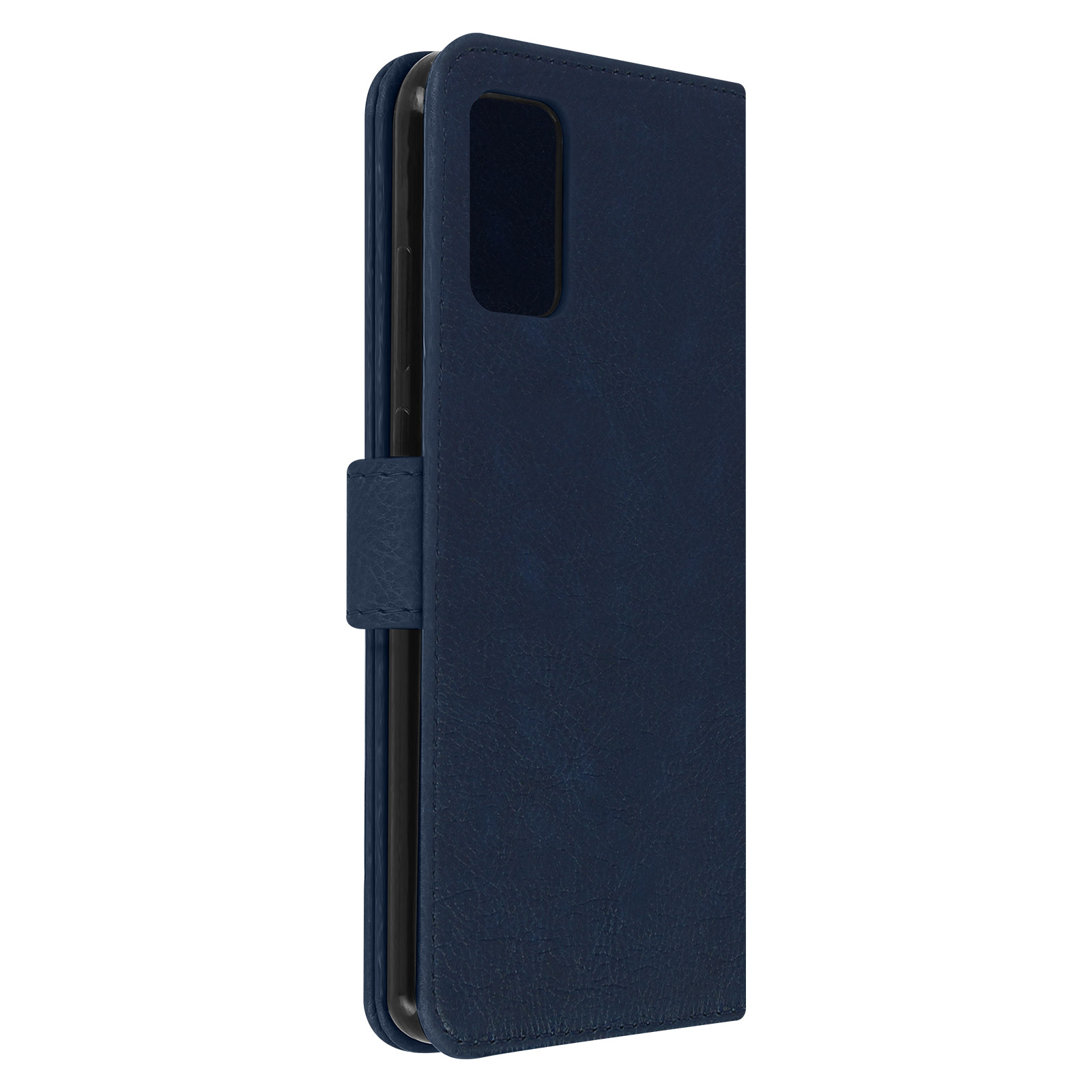 Una custodia per telefono blu scuro chiusa. Ha una patta e un piccolo bottone per chiuderla.