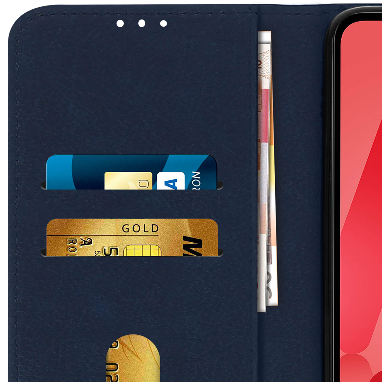 Un portafoglio blu con carta di credito, carta oro e banconote. Il portafoglio è aperto.