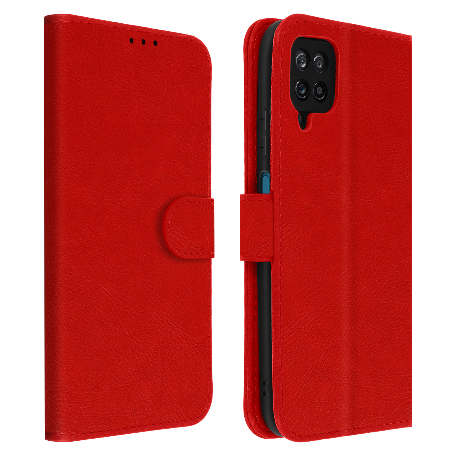 Eine rote Handyhülle, geöffnet, um ein Telefon mit einem Knopfverschluss anzuzeigen.