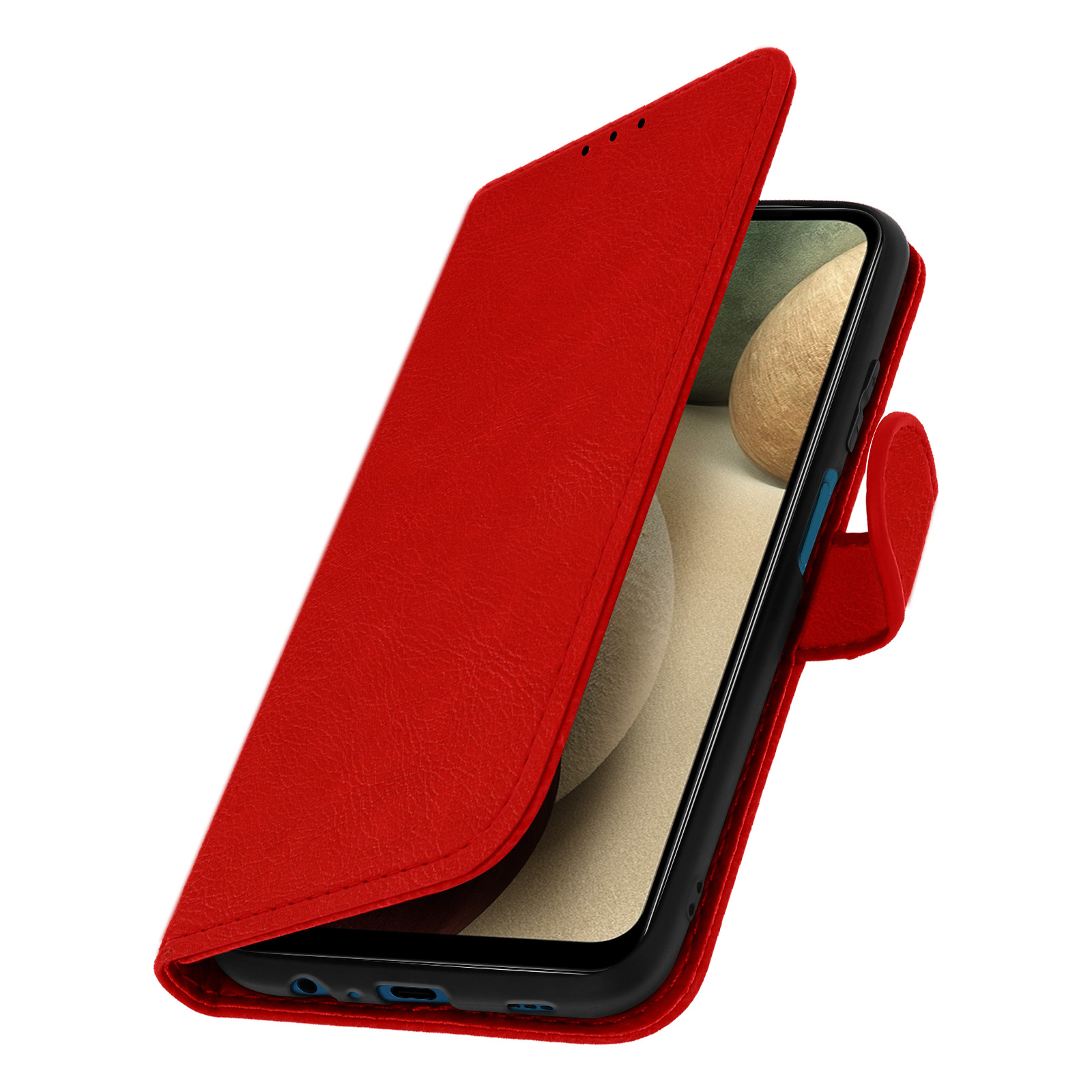 Eine rote Leder-Handyhülle ist geöffnet und gibt ein Telefon frei. Der Bildschirm ist sichtbar.