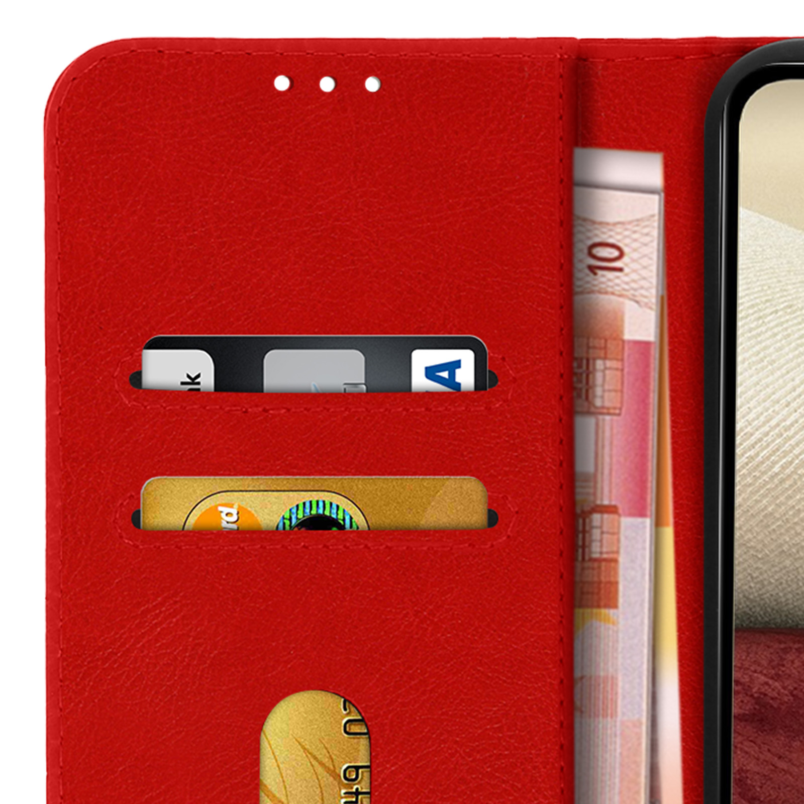 Eine rote Handyhülle geöffnet mit Kartenfächern und Geld. Telefon teilweise sichtbar.