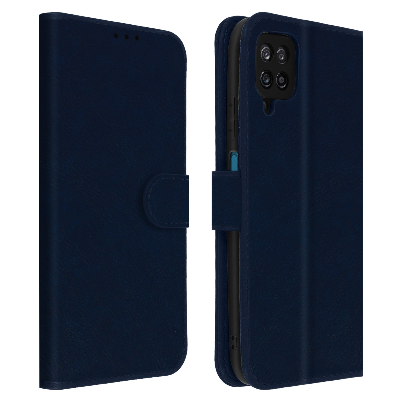 Custodia per telefono in pelle blu navy, aperta e chiusa. Lo sfondo è una superficie in legno.