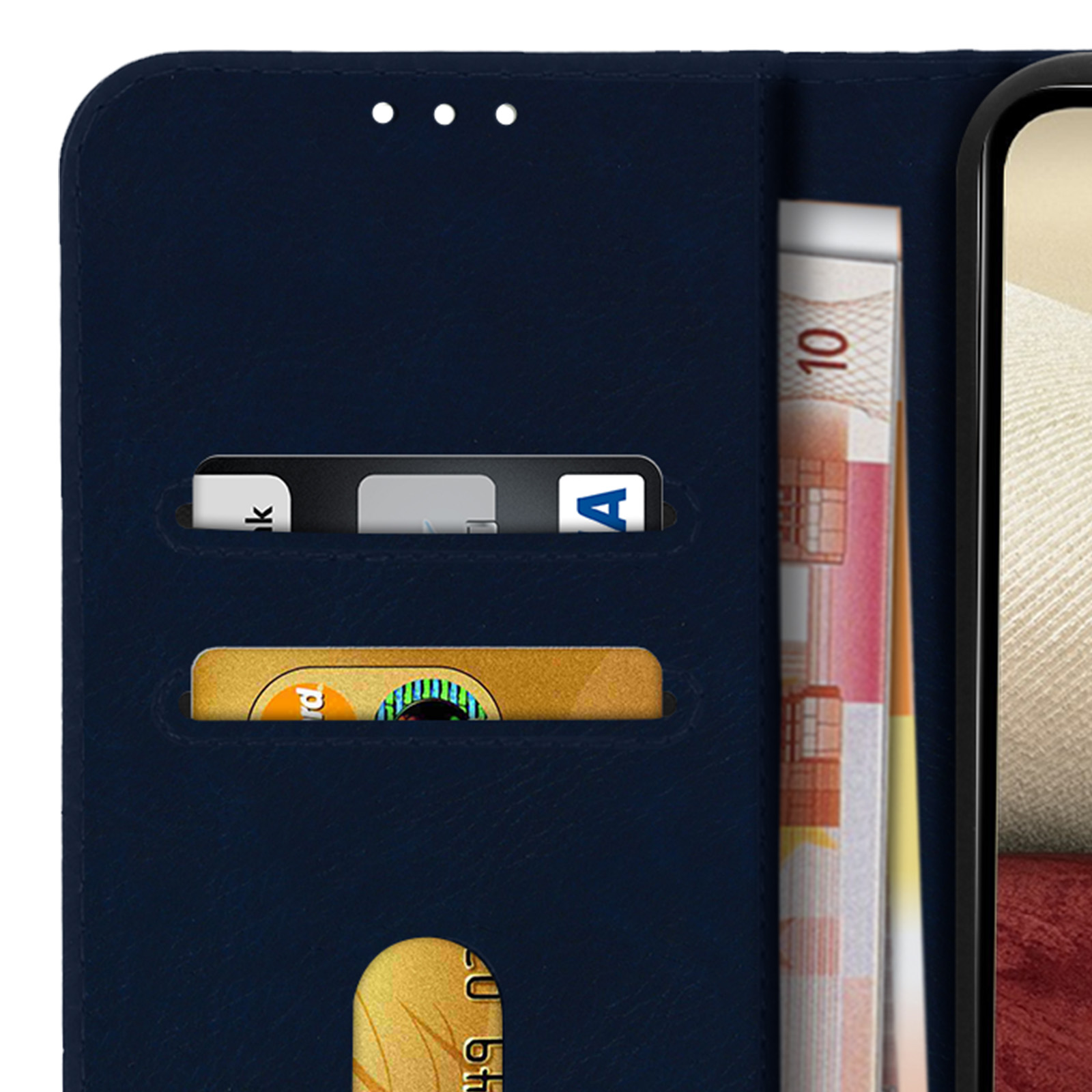 Una custodia per telefono blu scuro con fessure per carte e denaro, parzialmente aperta, che mostra il contenuto.
