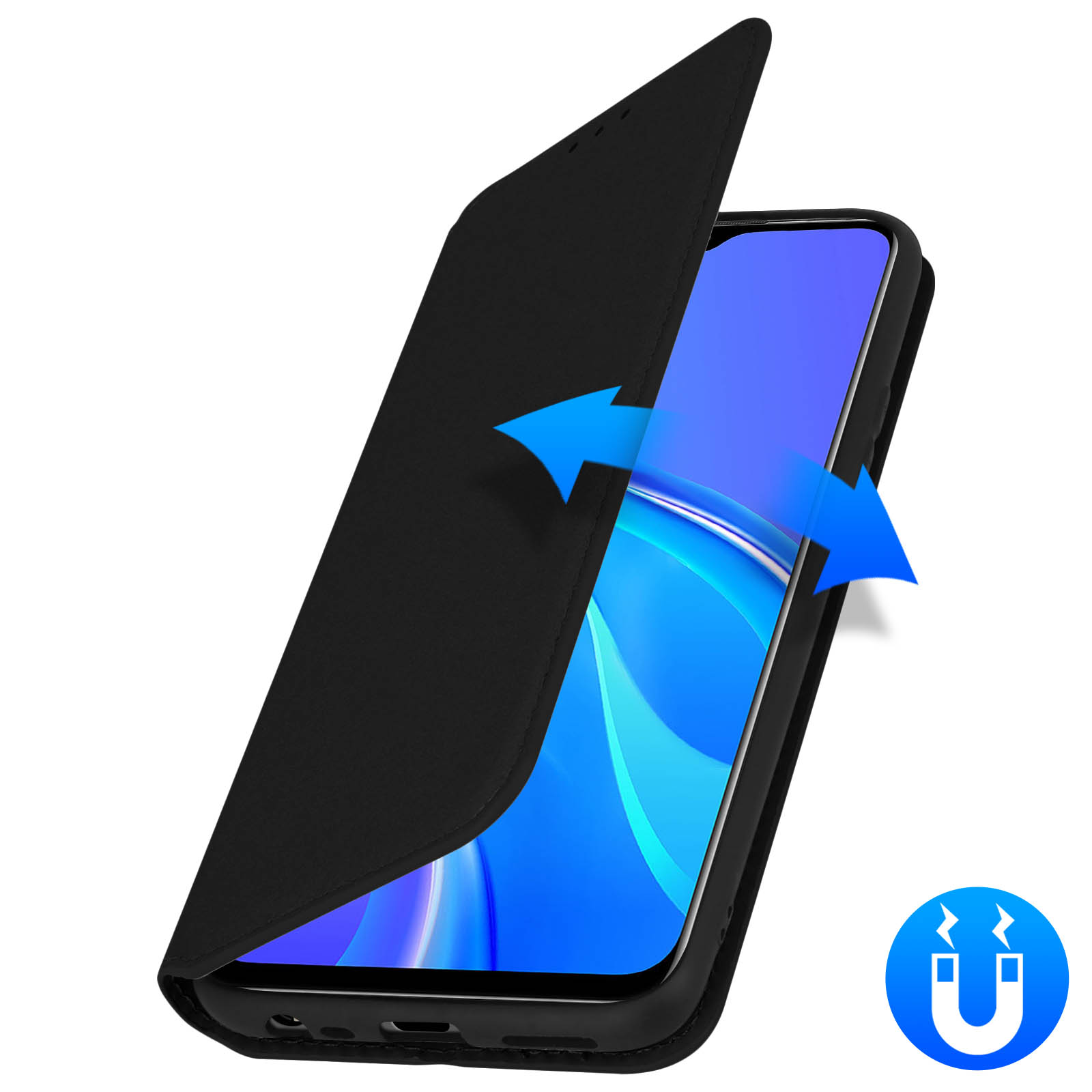 Étui de téléphone noir, partiellement ouvert, montrant l'écran. Flèches bleues indiquent l'ouverture.