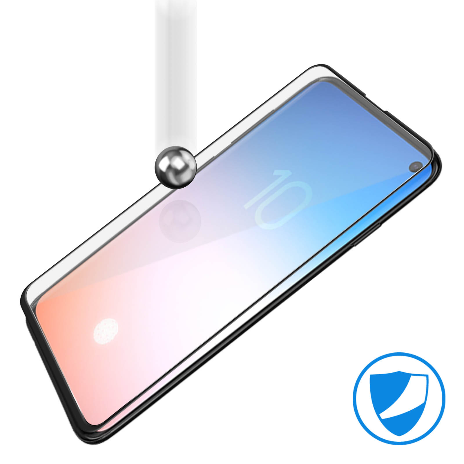 Un telefono con protezione schermo. Una sfera d'argento impatta la protezione.