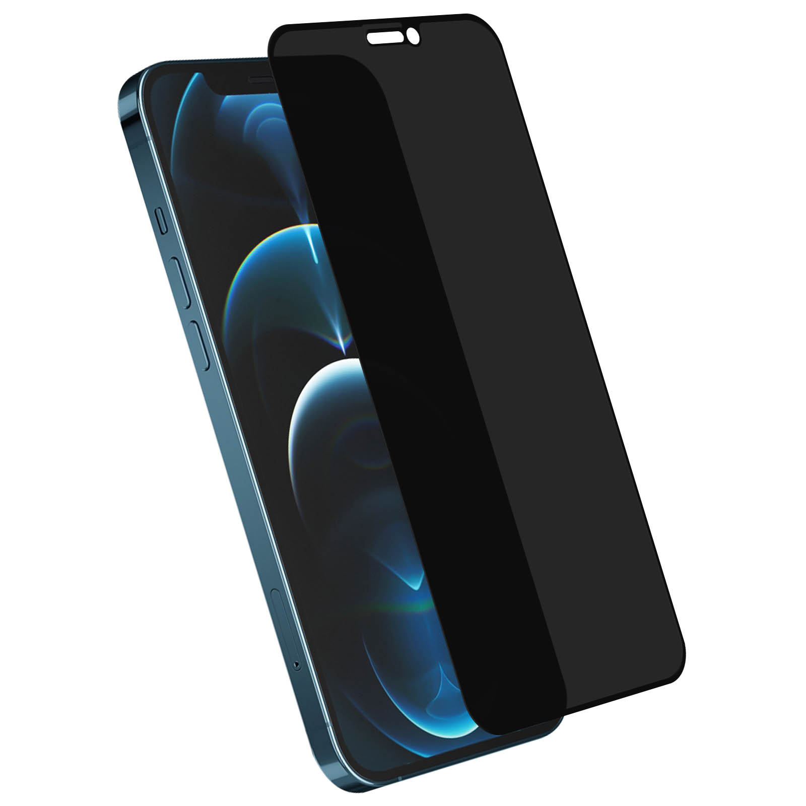 Un telefono con una protezione per lo schermo. Il telefono è blu e la protezione è nera. Lo schermo mostra un design blu.