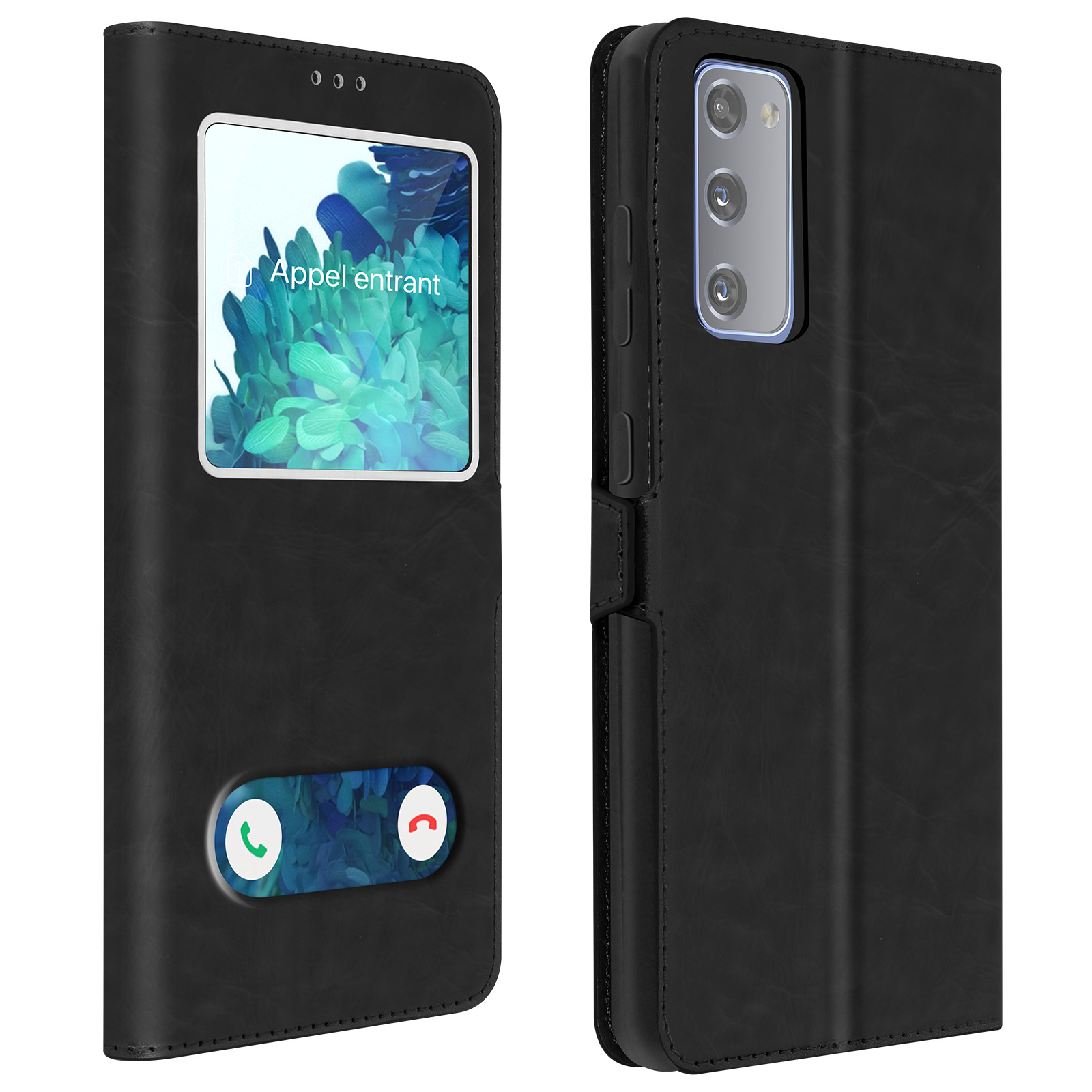 Coque de téléphone noire ouverte. L'écran affiche une notification d'appel entrant en français.