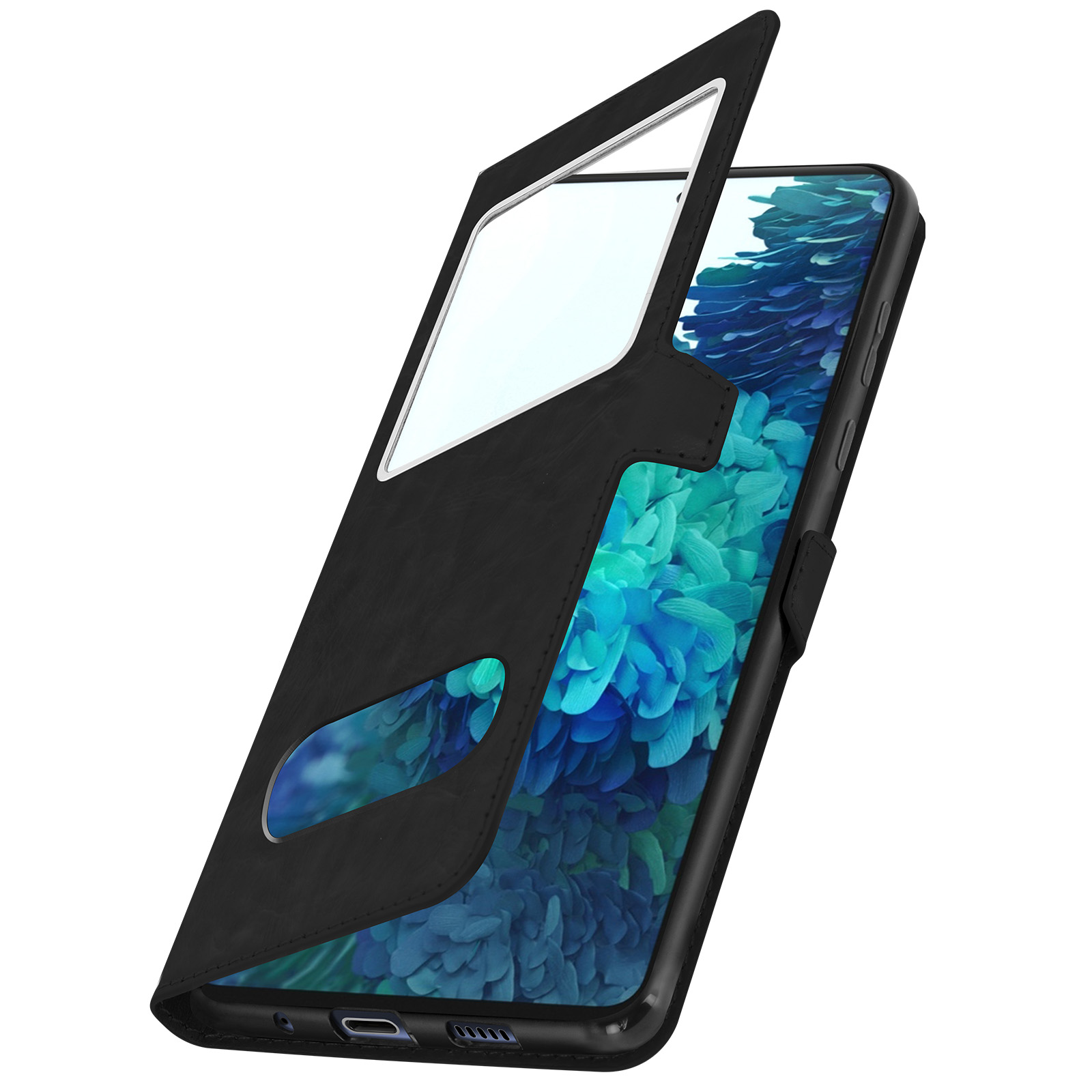 Un étui de téléphone noir est ouvert, révélant l'écran d'un téléphone. L'étui est sur un fond blanc.