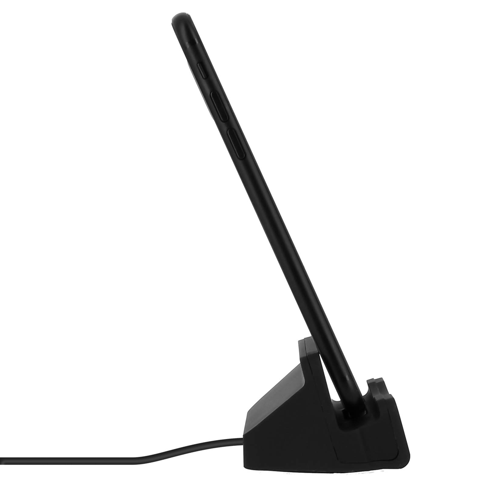 Un telefono nero è su un supporto nero, con un cavo nero.