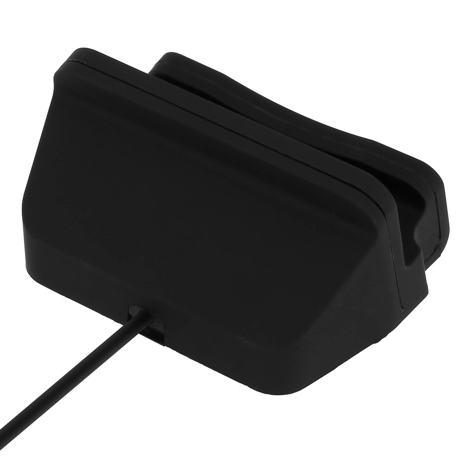 Base di ricarica nera con cavo. Design semplice ed elegante.