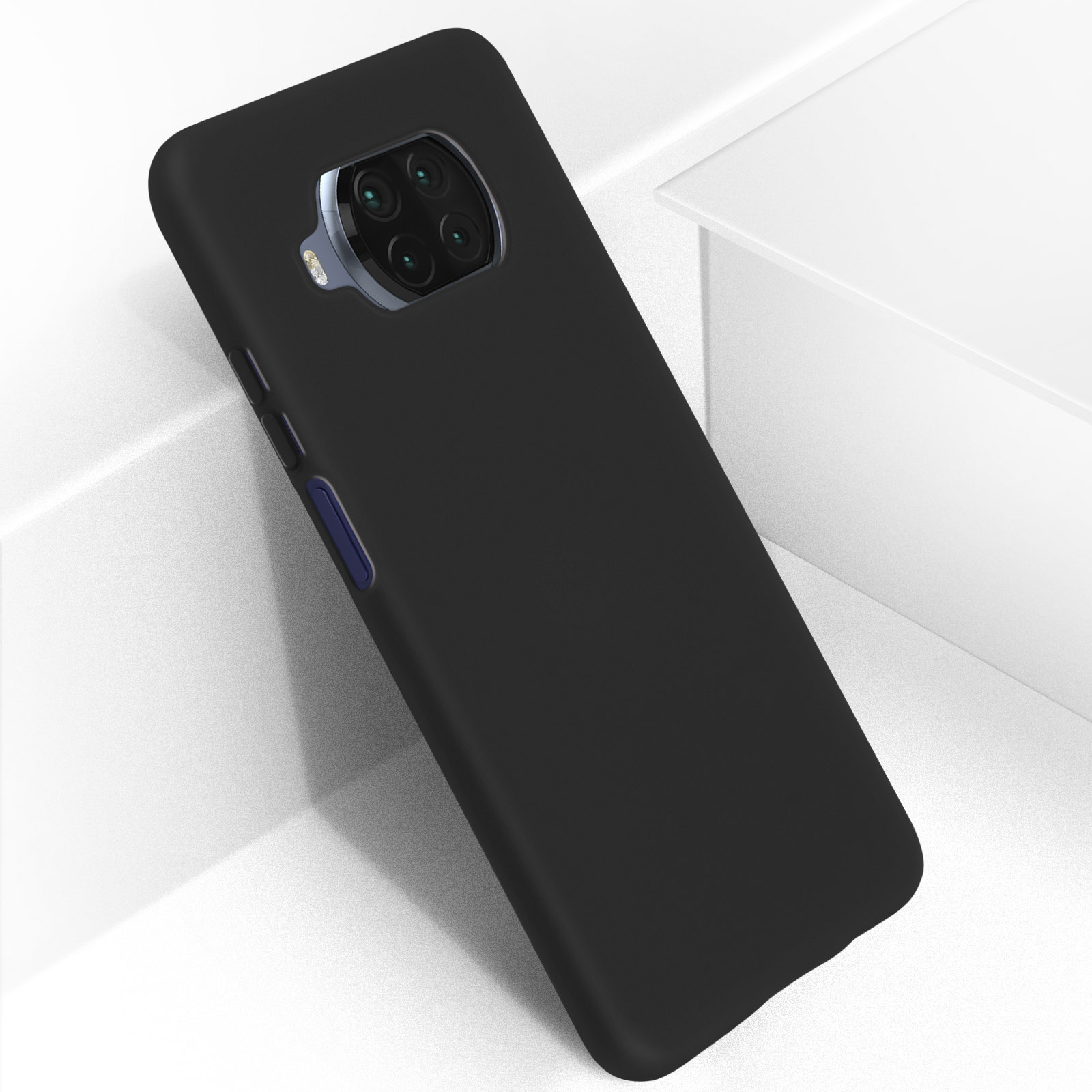 Custodia nera su superficie bianca, con lenti della fotocamera visibili.