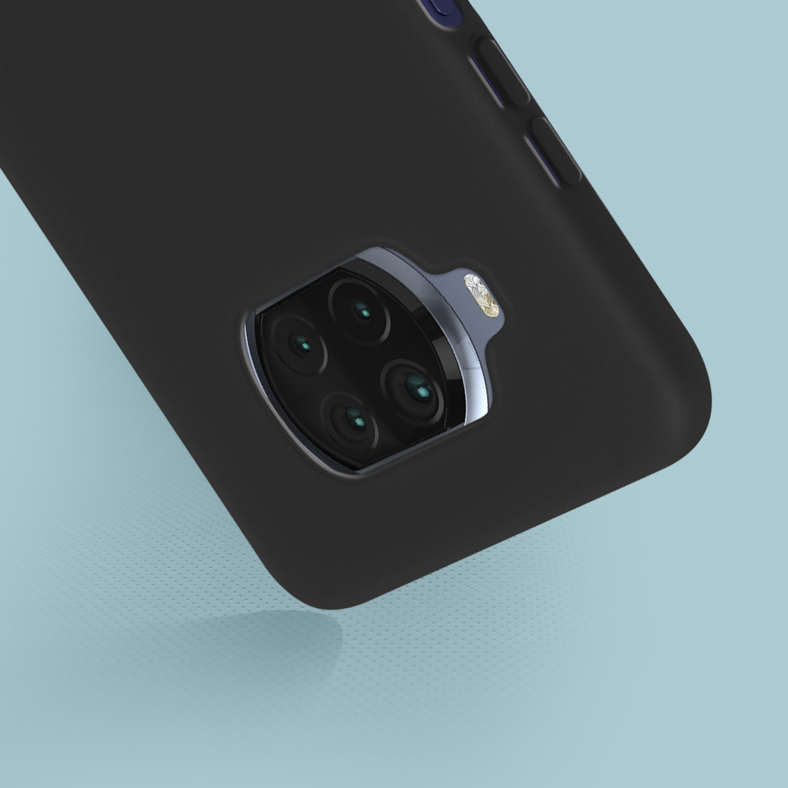 Custodia nera per telefono con array di fotocamere. Sfondo blu. Dettagli del design della fotocamera visibili.