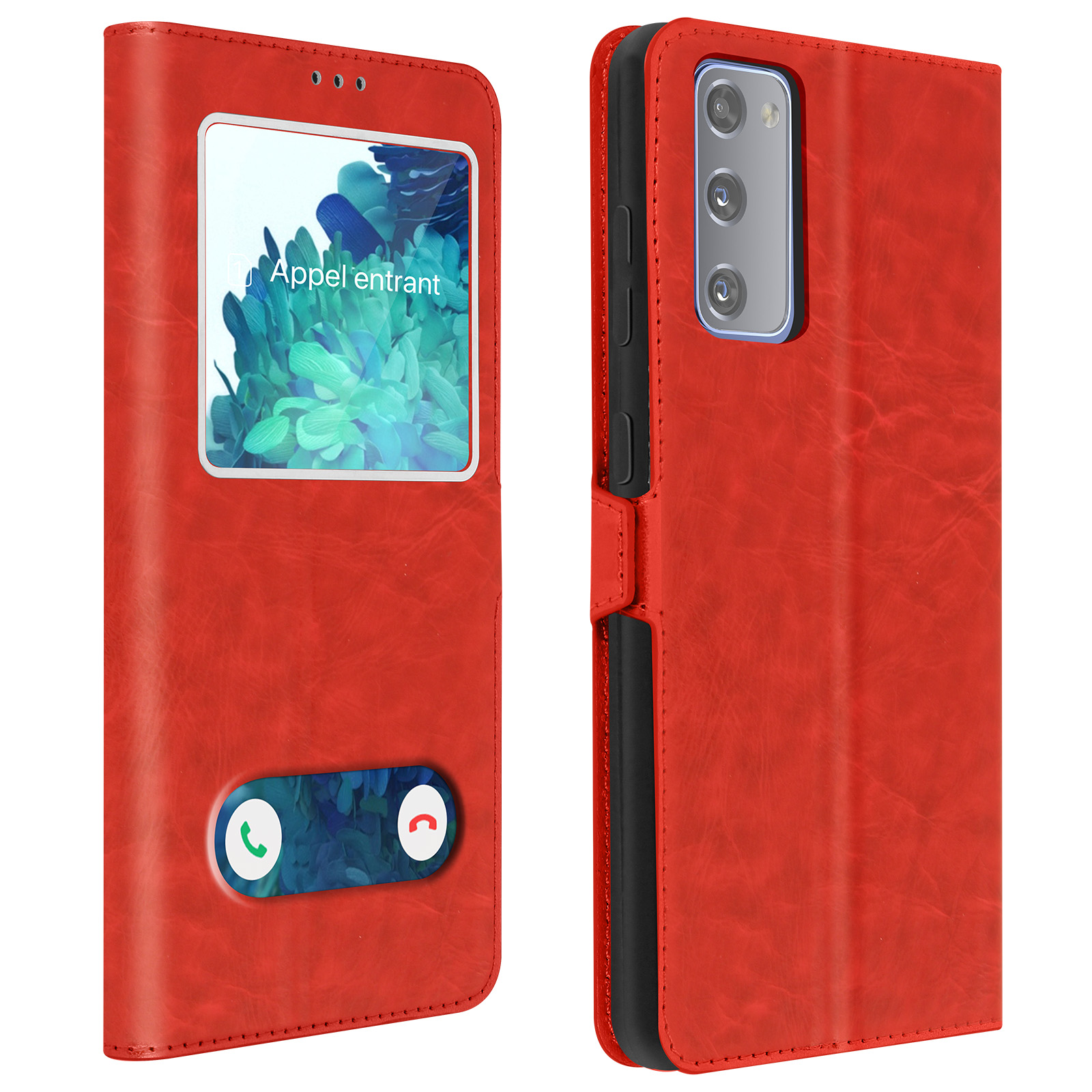 Coque de téléphone rouge avec écran. Affiche un écran d'appel avec du texte en français.