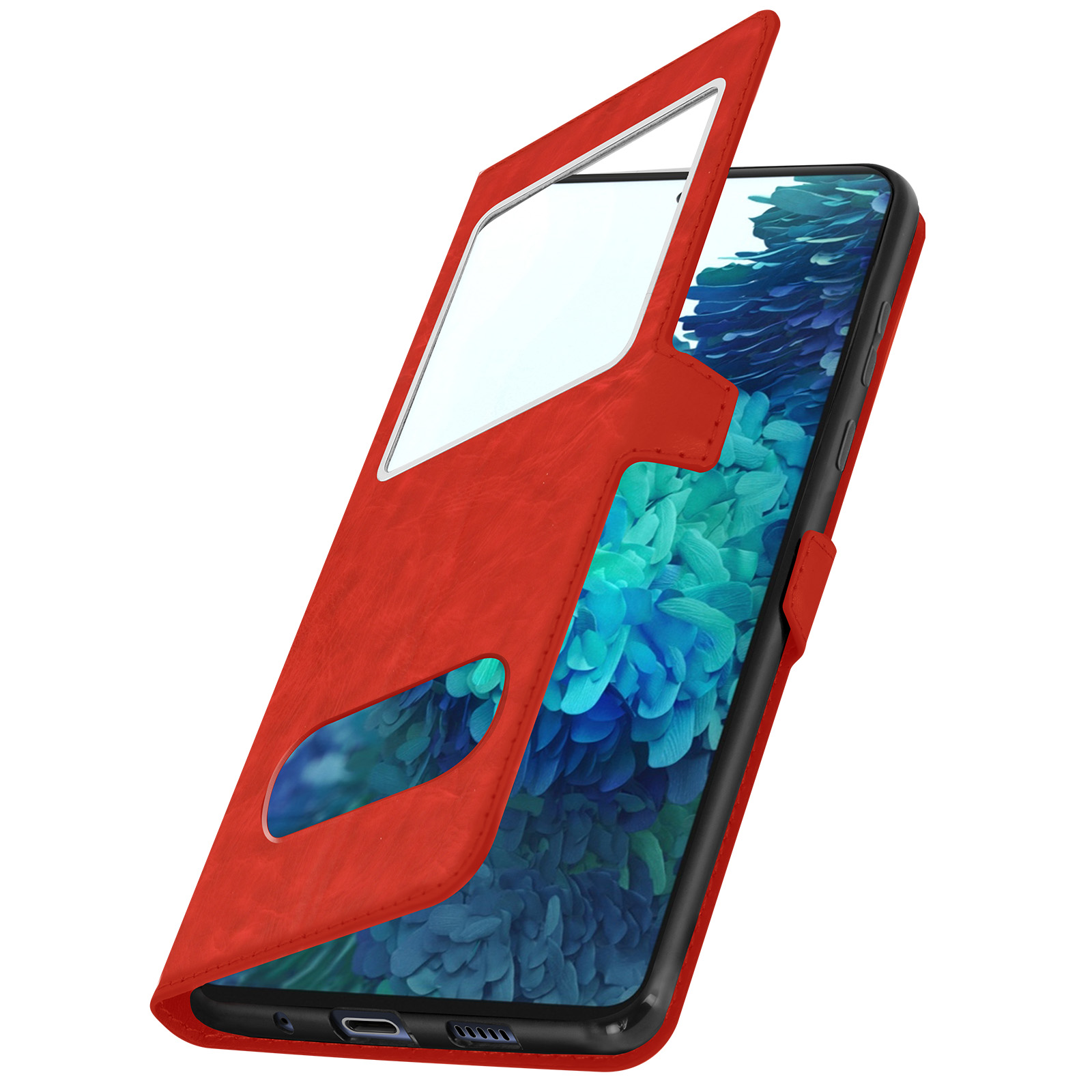 Un étui de téléphone rouge avec une fenêtre ouverte sur un écran de téléphone.