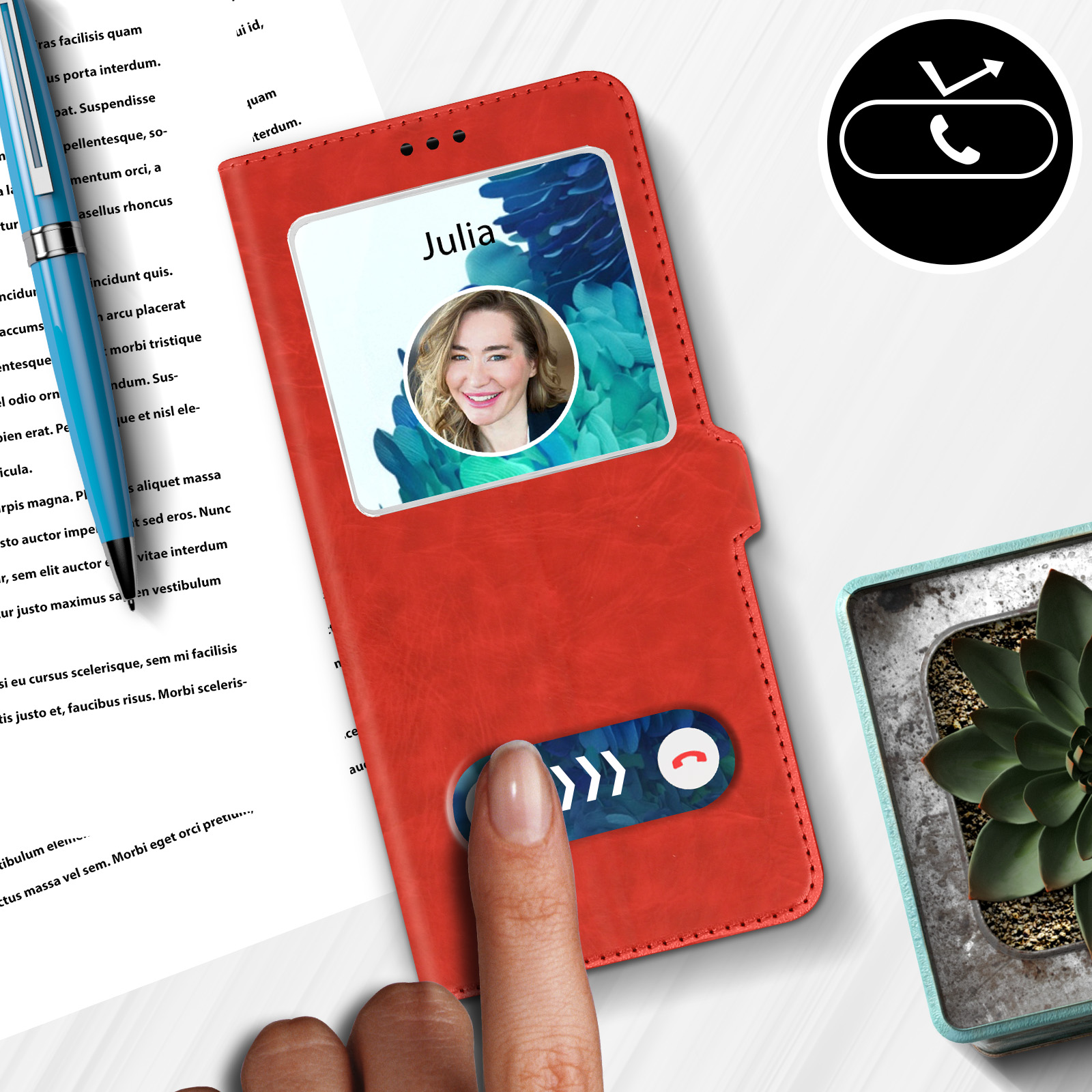Étui de téléphone rouge avec un écran montrant le visage d'une femme. Un doigt touche un bouton sur l'étui.