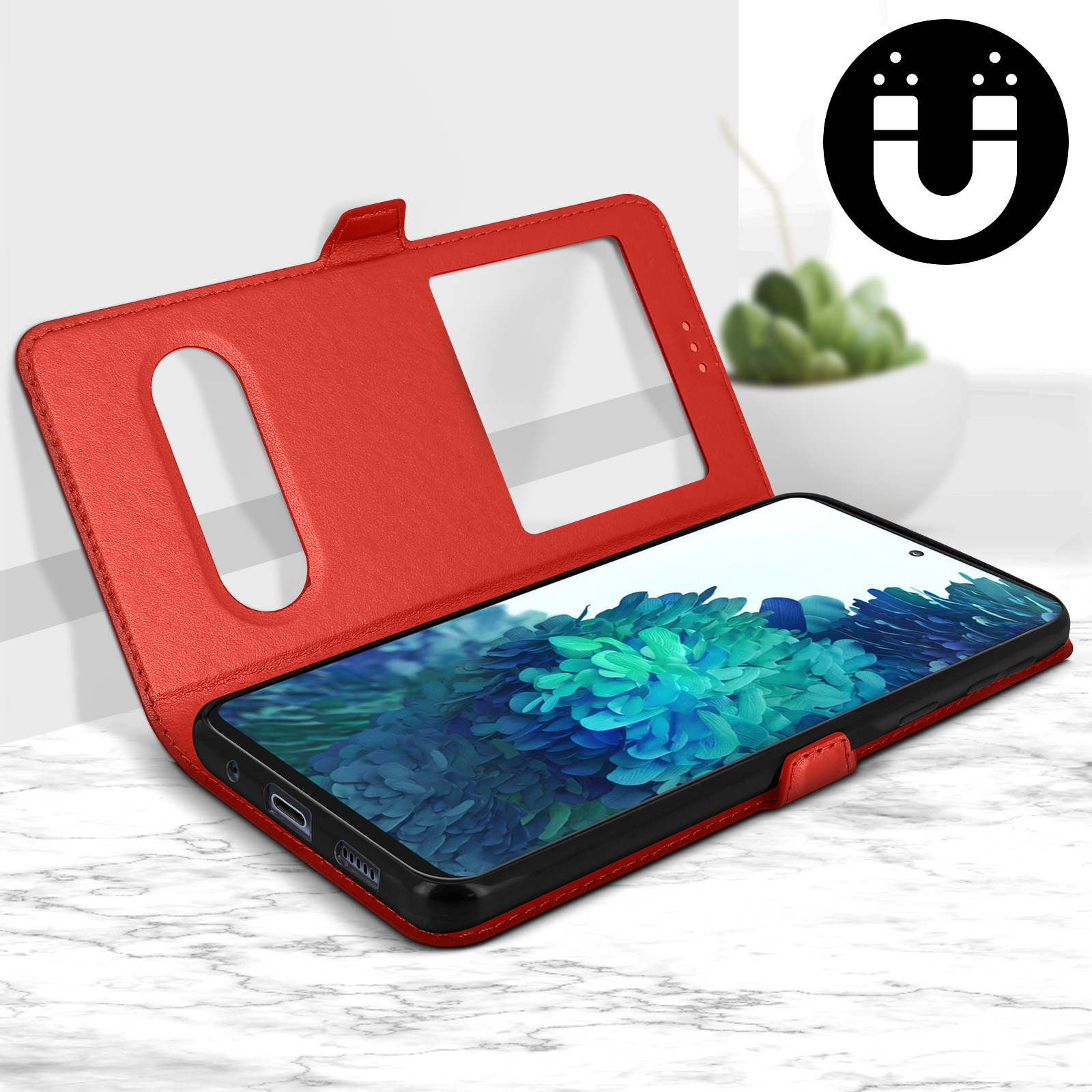 Téléphone dans un étui rouge. Le téléphone est sur une table, l'étui est ouvert, et un pot de fleurs blanc en arrière-plan.