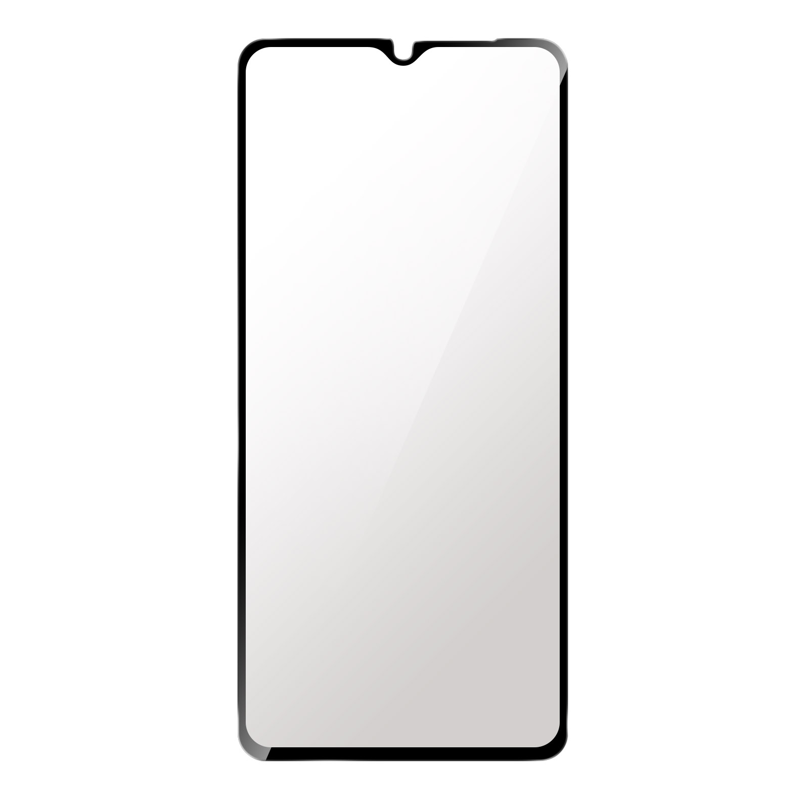 Een schermbeschermer met zwart frame voor een smartphone. Het scherm is lichtgrijs, het frame zwart, op een witte achtergrond.