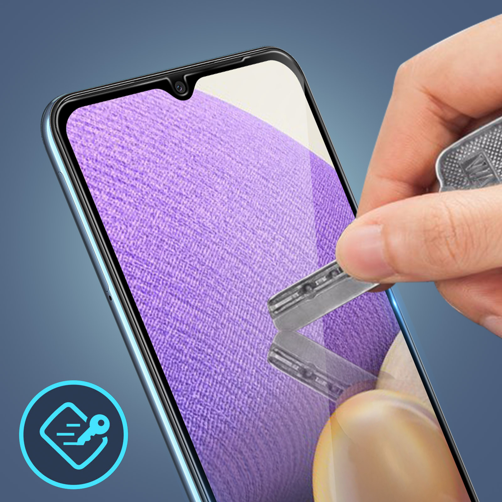 Een schermbeschermer wordt op een telefoon aangebracht. Een hand houdt een gereedschap boven het scherm. De telefoon heeft een paars scherm.
