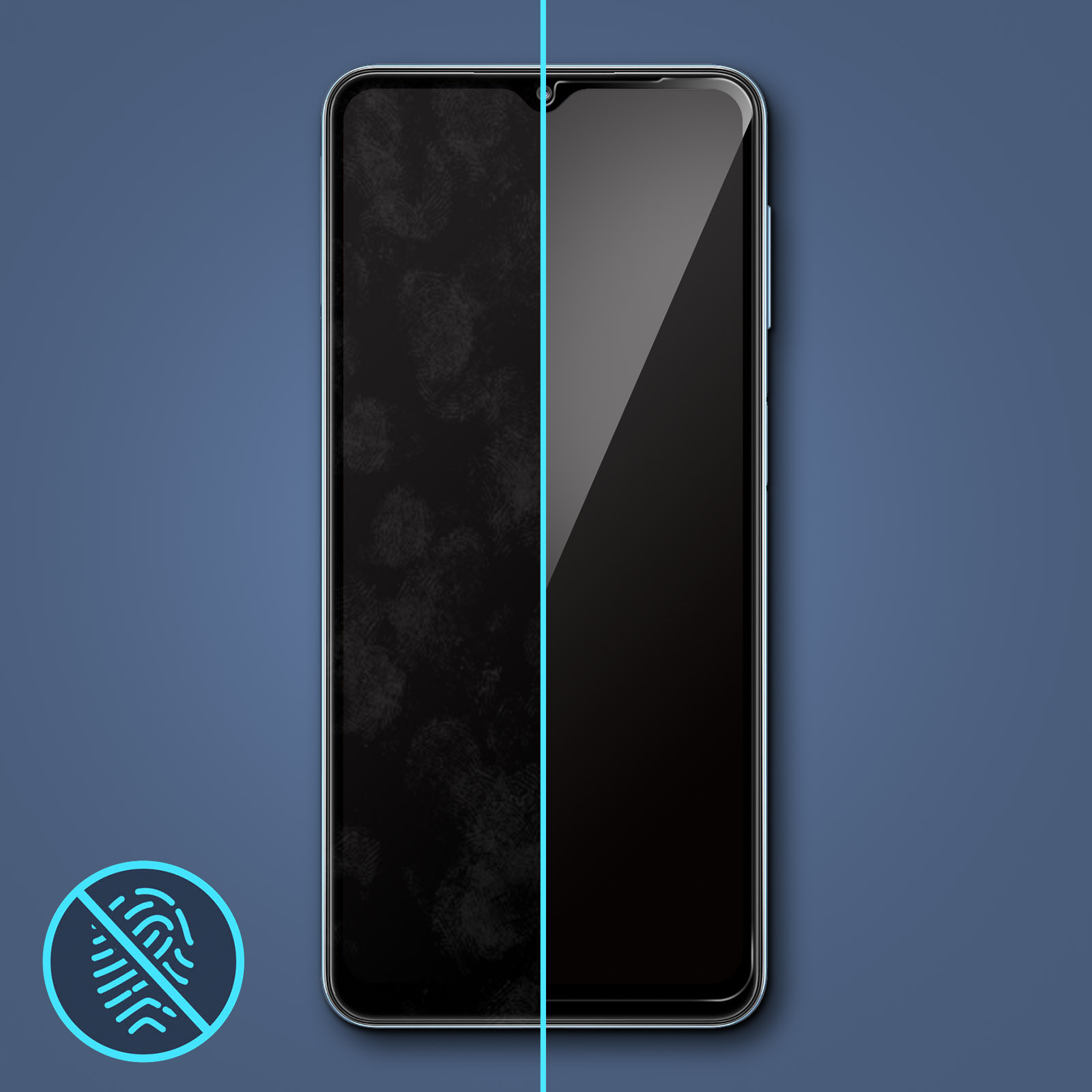 Smartphone scherm verdeeld. Linkerkant vingerafdrukken, rechts schoon. Blauwe achtergrond. Anti-vingerafdruk icoon.