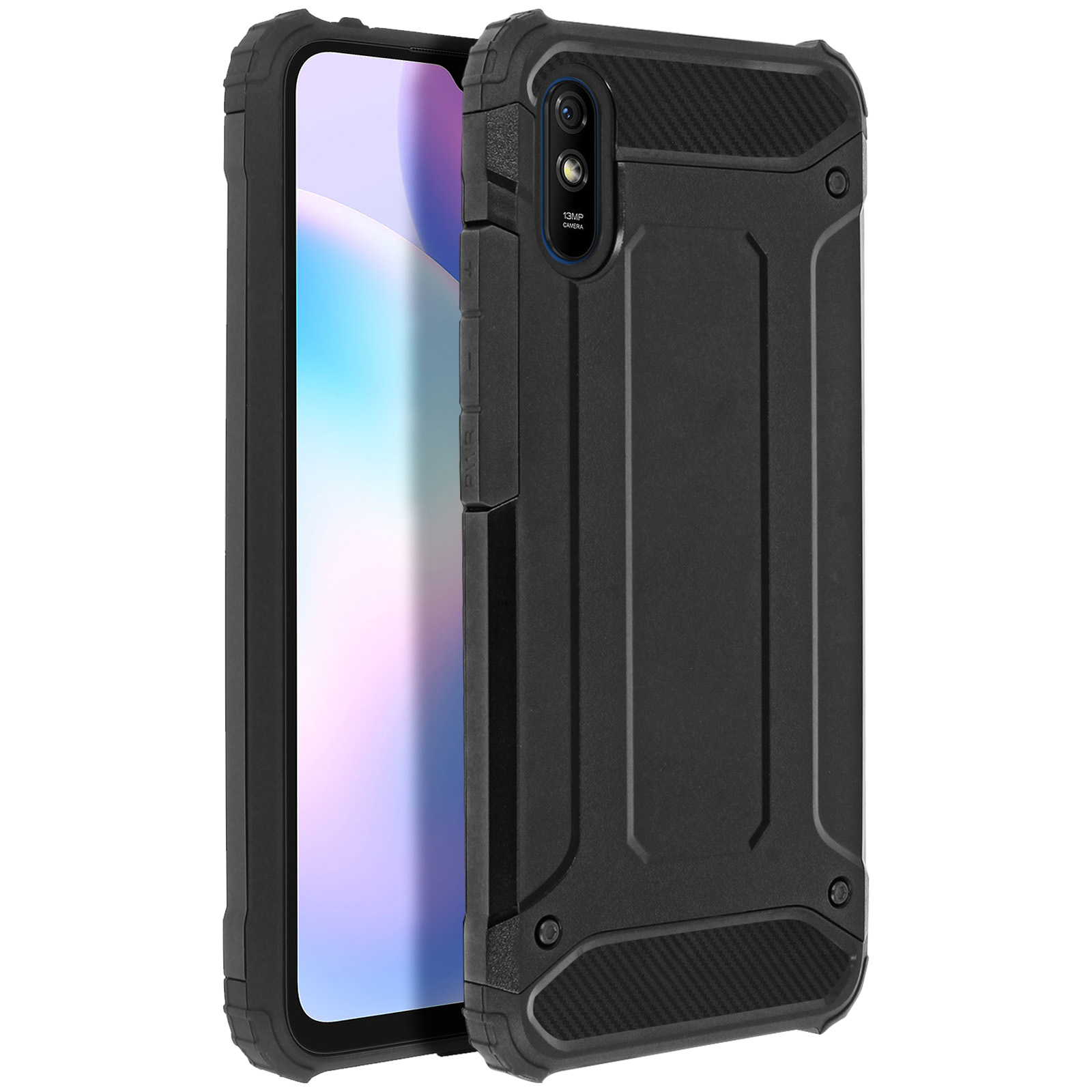 Una custodia per telefono nera con un design robusto, con il telefono all'interno. Lo sfondo è bianco.