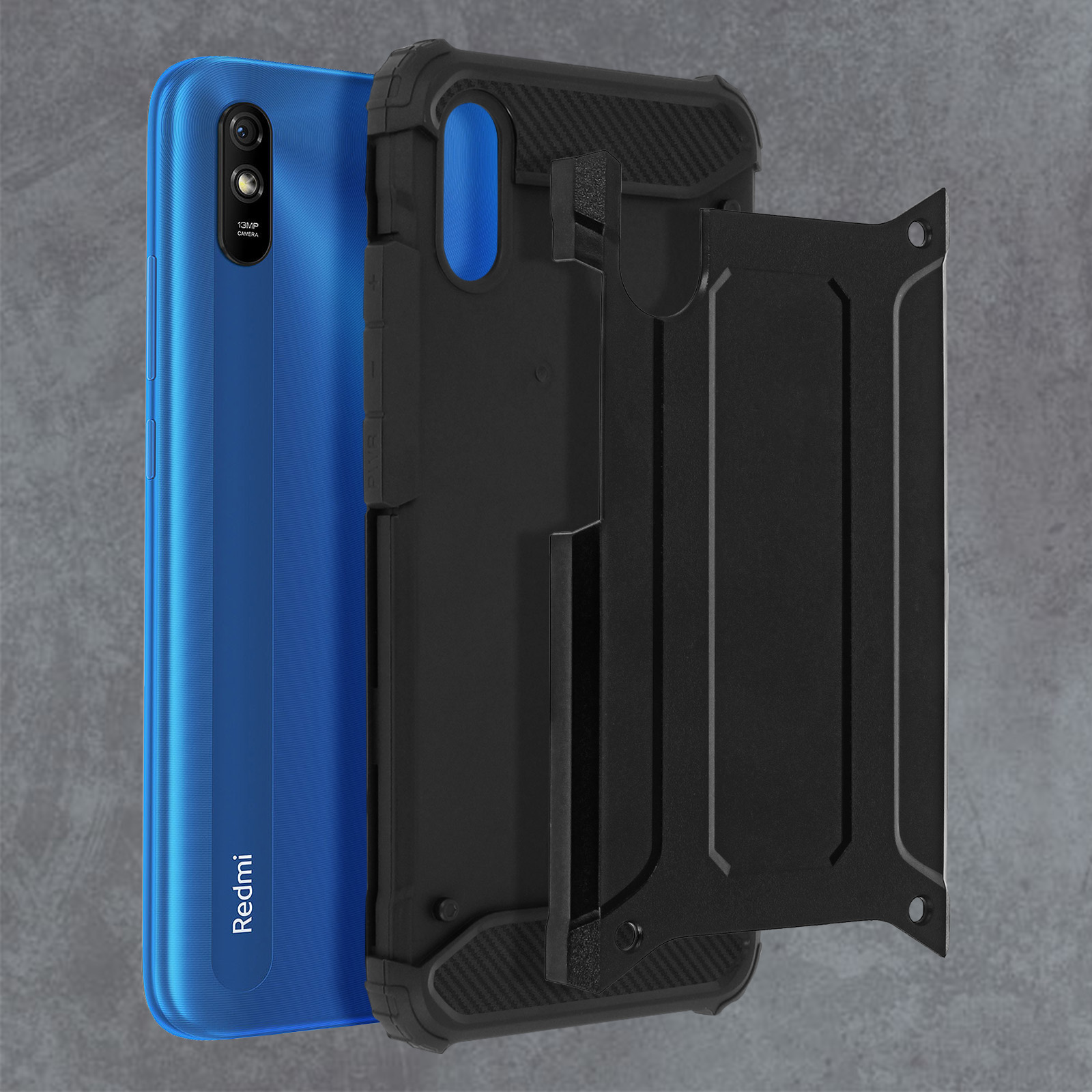 Telefono Redmi blu e custodia nera con porta carte. Sfondo strutturato.