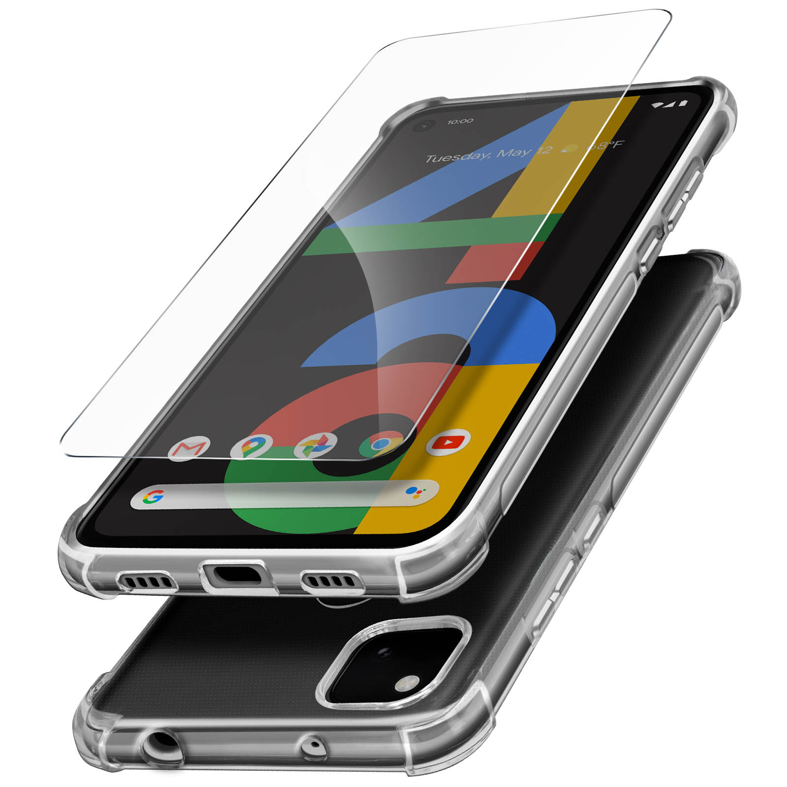 Telefono con custodia trasparente e protezione schermo. Telefono e custodia su una superficie bianca.