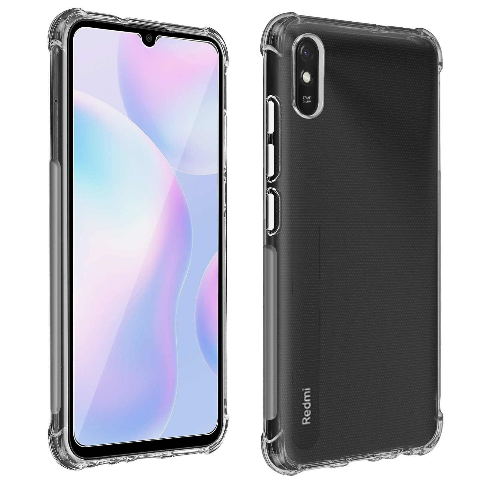 Custodia trasparente per telefono che protegge un telefono con un design bianco e blu sullo schermo.