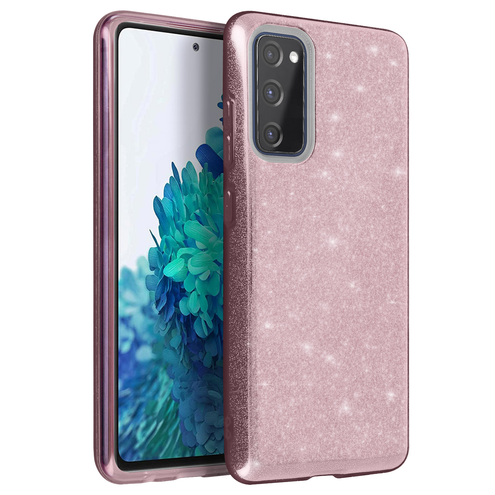 Custodia rosa glitterata con telefono. Il telefono ha uno schermo e diverse fotocamere.