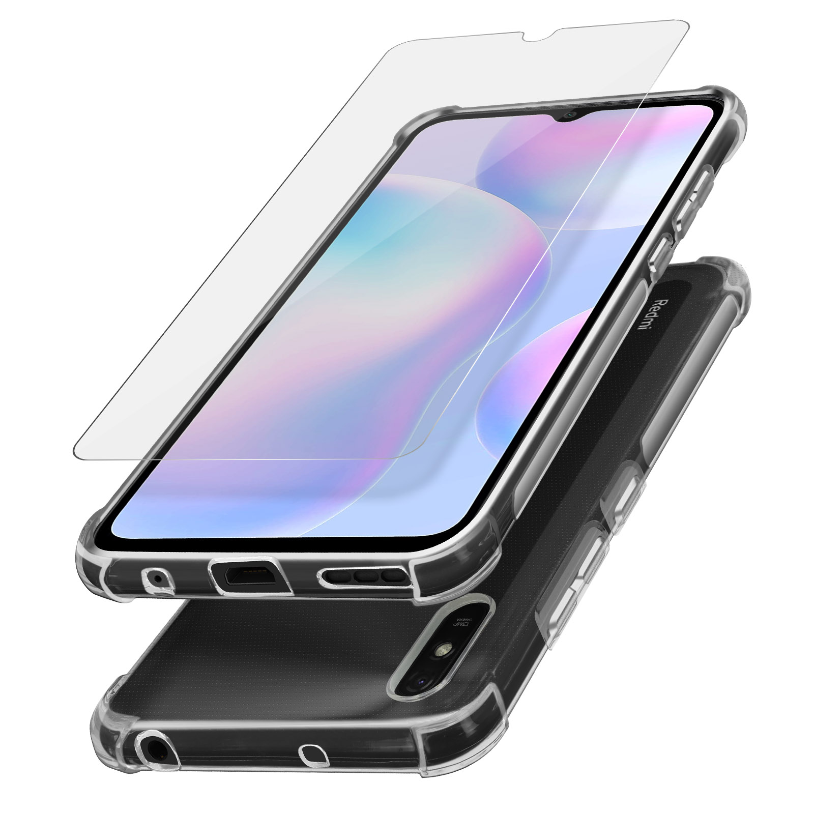 Custodia per telefono con protezione schermo. Telefono dentro la custodia, sopra la protezione.