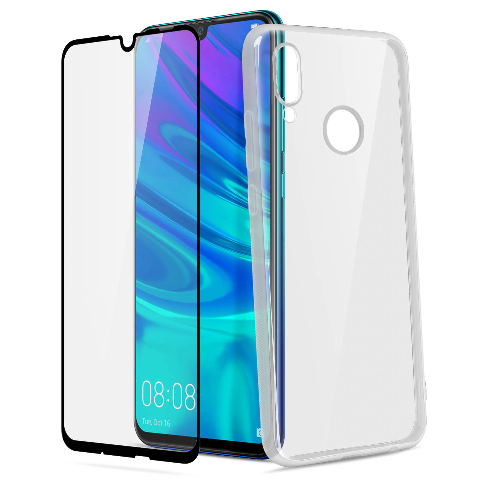 Telefon mit Displayschutz und klarer Hülle. Telefon zeigt Uhrzeit. Weißer Hintergrund.