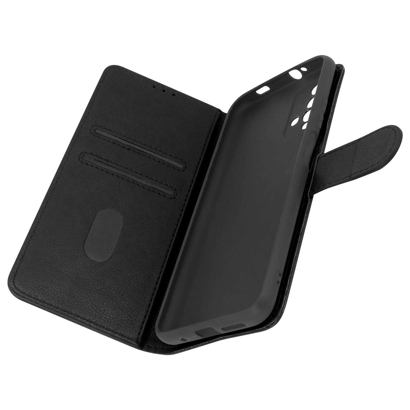 Étui de téléphone noir ouvert, montrant l'intérieur. L'étui est ouvert, montrant l'intérieur du téléphone.