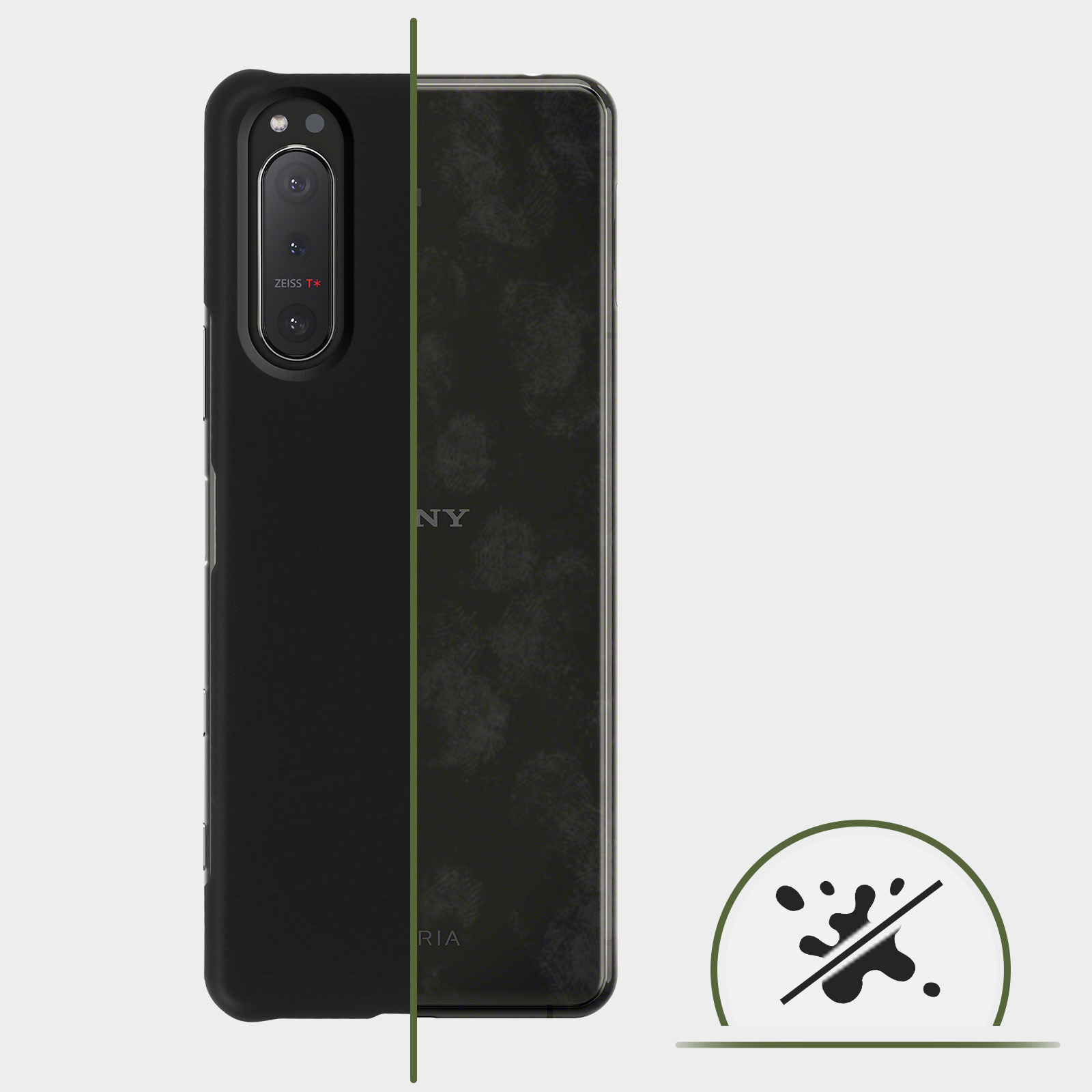 Custodia nera per telefono con un telefono all'interno. La custodia ha uno sfondo scuro. Una linea verde è visibile.