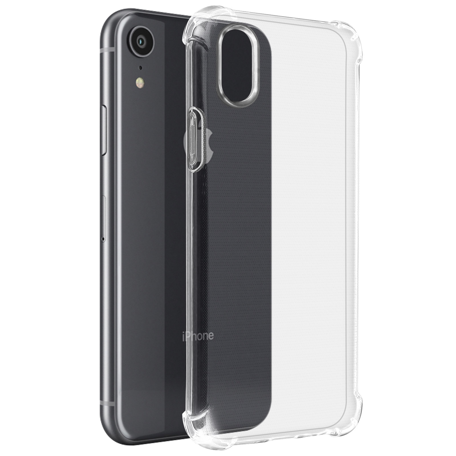 Un iPhone in una custodia protettiva trasparente. Il telefono è visibile, con uno sfondo sfocato.