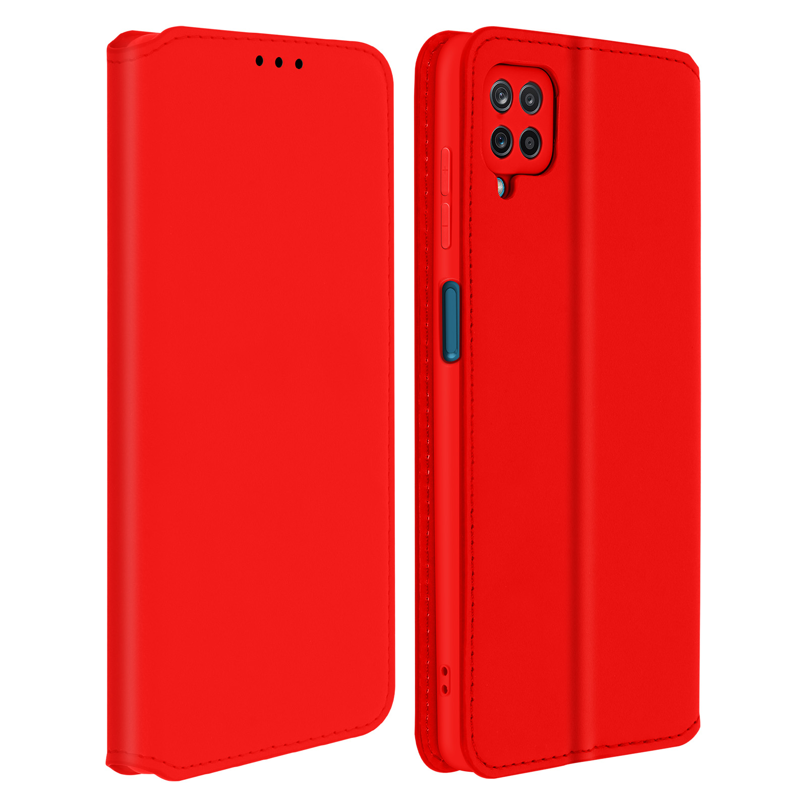 Rode telefoonhoes met flap. De hoes is rood. De achtergrond is wit.