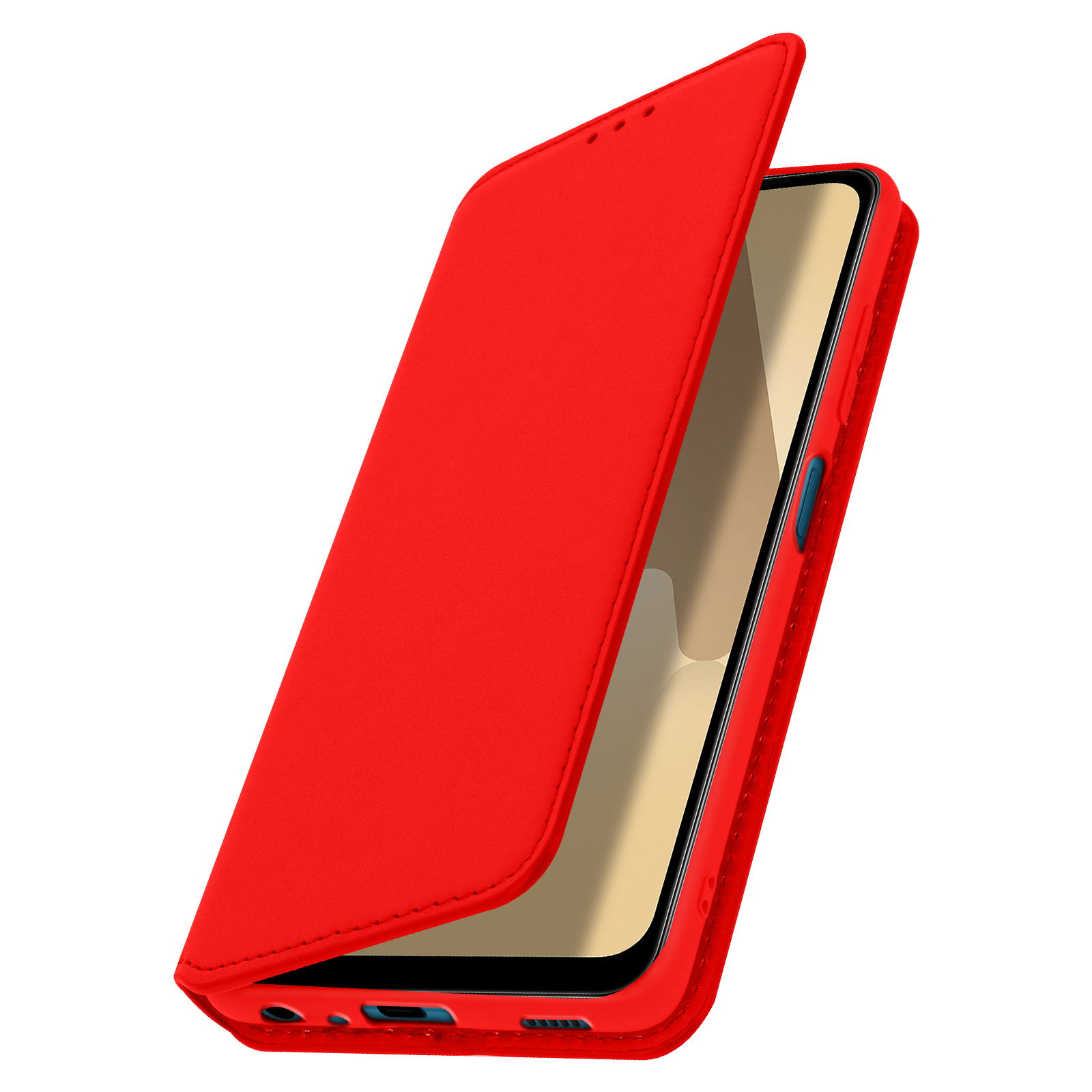 Coque de téléphone rouge ouverte, révélant le téléphone. Le téléphone est rouge et l'écran est visible.