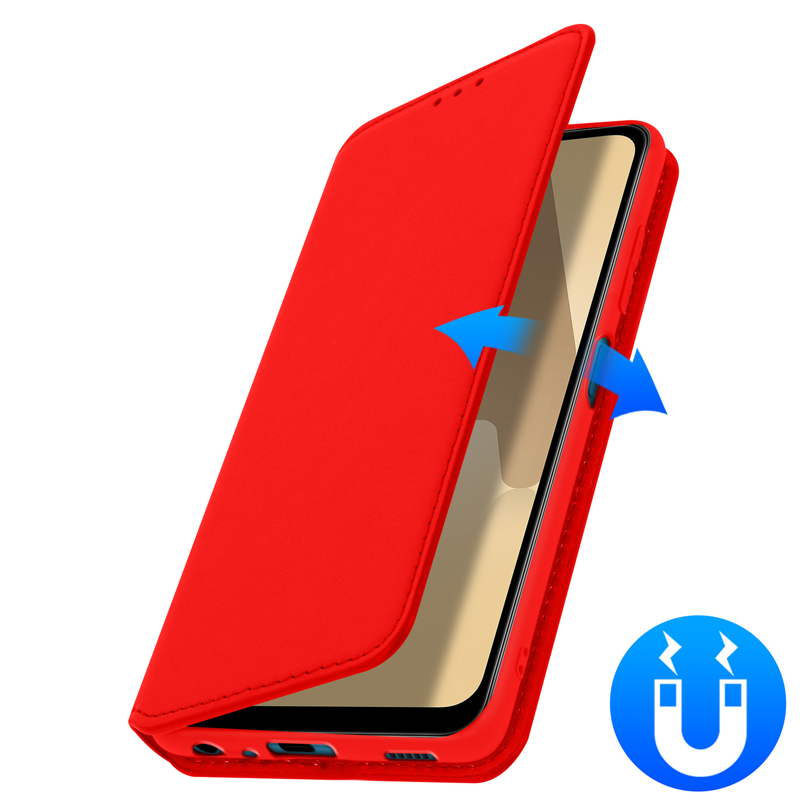 Coque de téléphone rouge avec flèches et icône d'aimant. Téléphone à l'intérieur. Fond blanc.