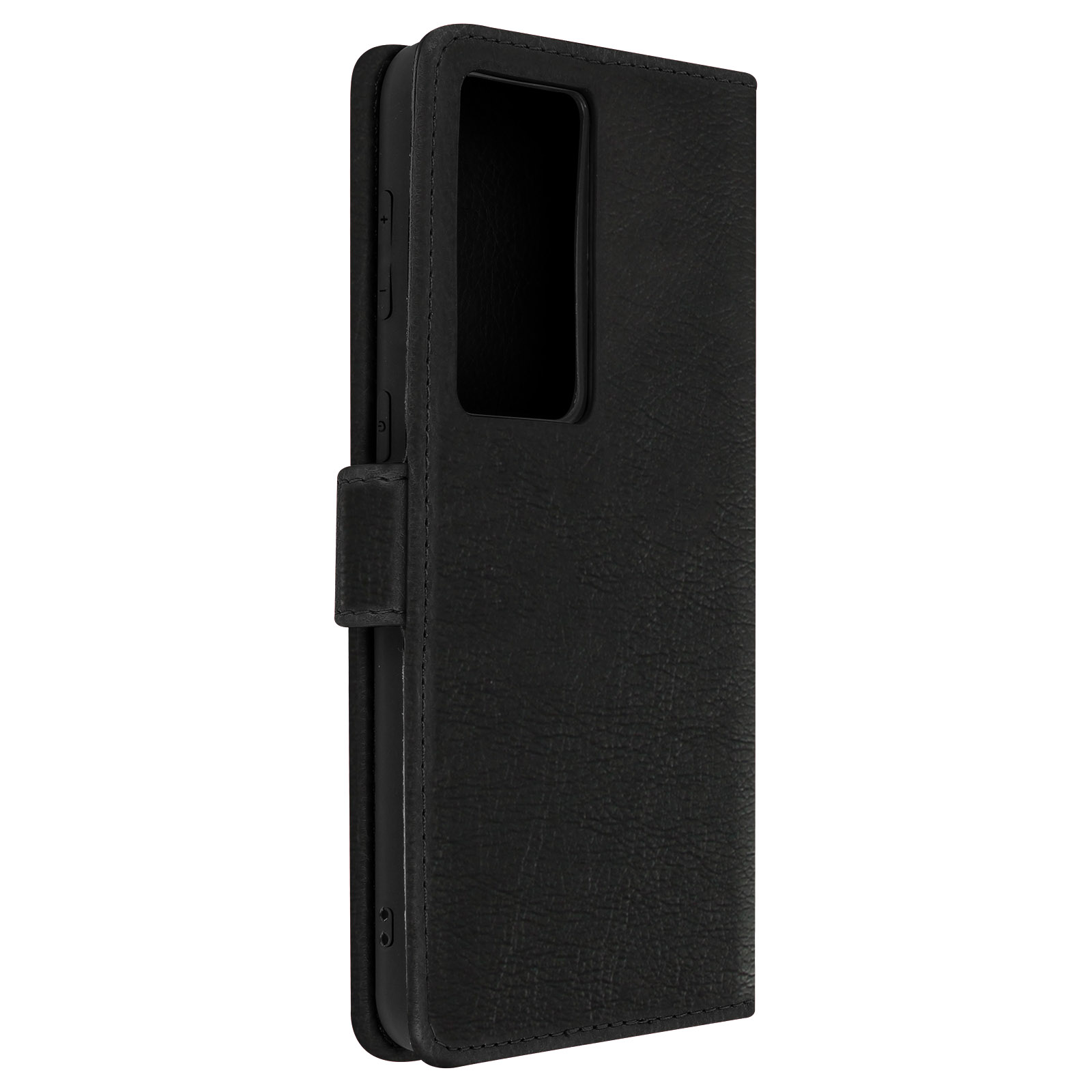 Custodia nera chiusa. È una custodia a portafoglio con chiusura magnetica.