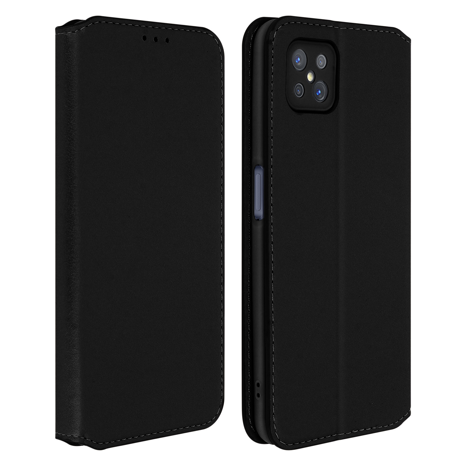 Un étui de téléphone noir, ouvert et fermé, avec une découpe pour l'appareil photo.