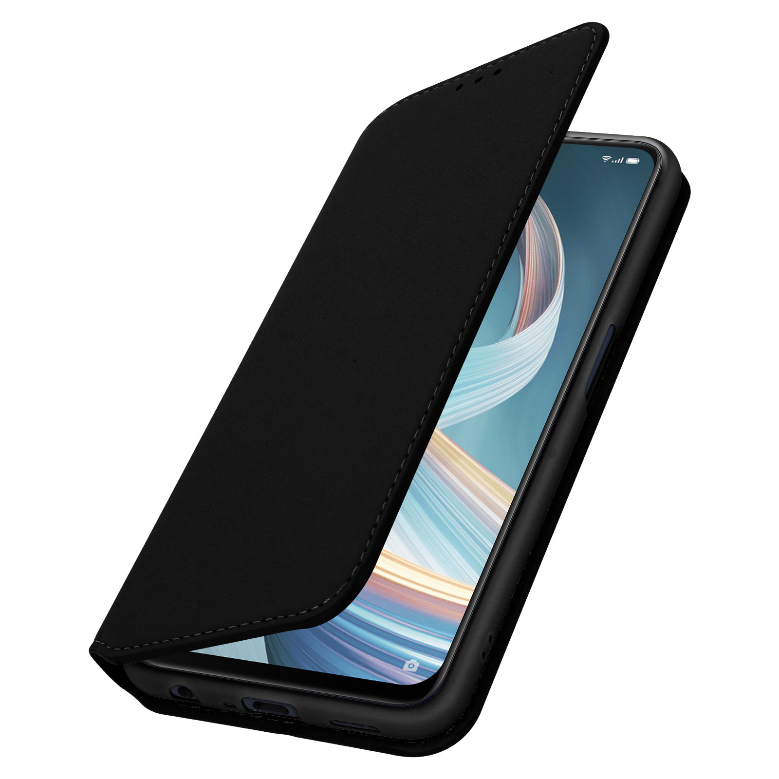 Un téléphone noir avec un étui noir. L'étui est ouvert. Fond blanc.