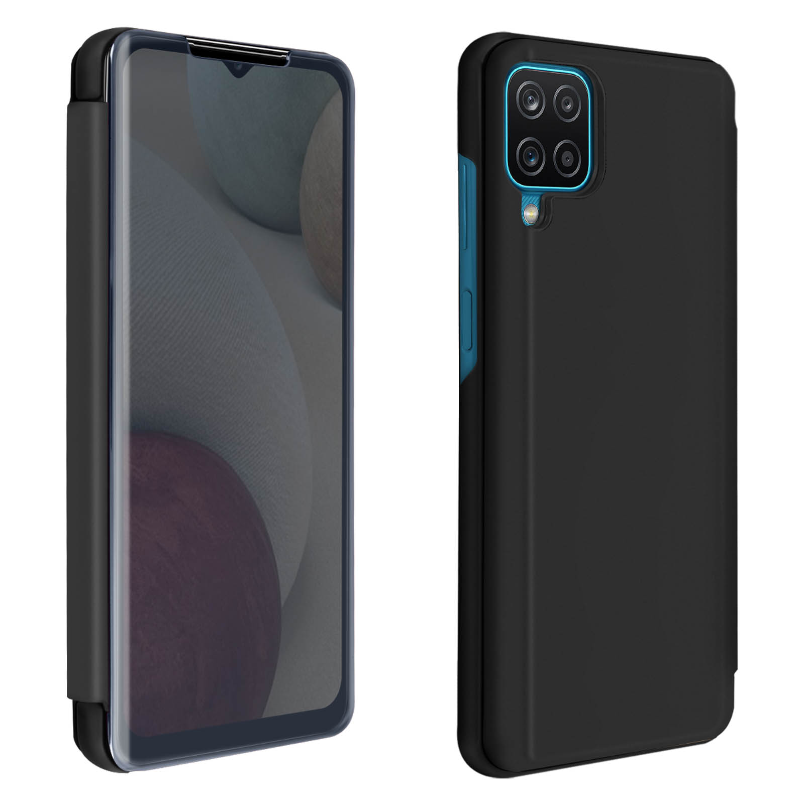 Coque de téléphone noire ouverte, montrant l'écran et l'arrière du téléphone.