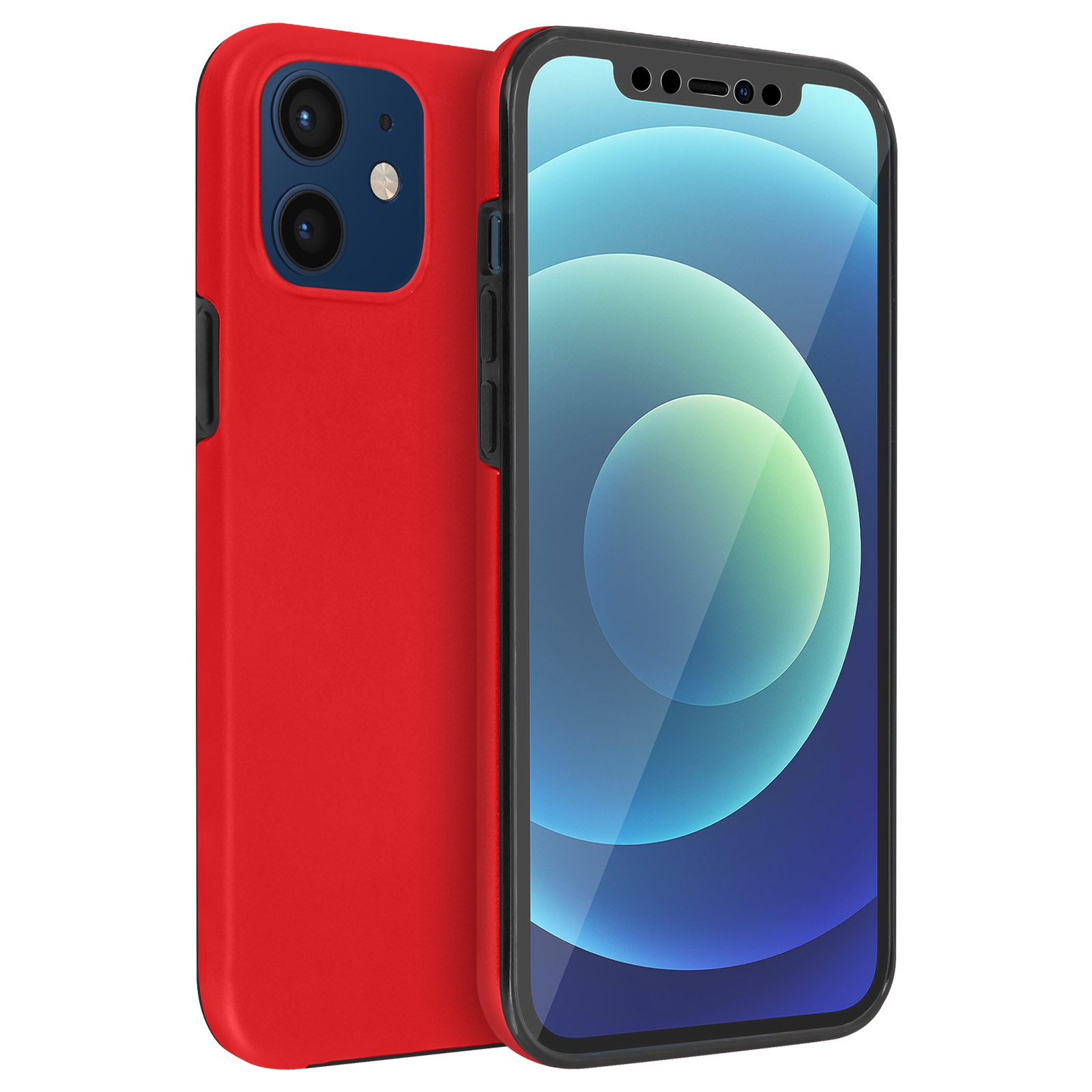 Twee rode telefoonhoesjes. Eén ligt op zijn kant, de andere staat. Witte achtergrond.