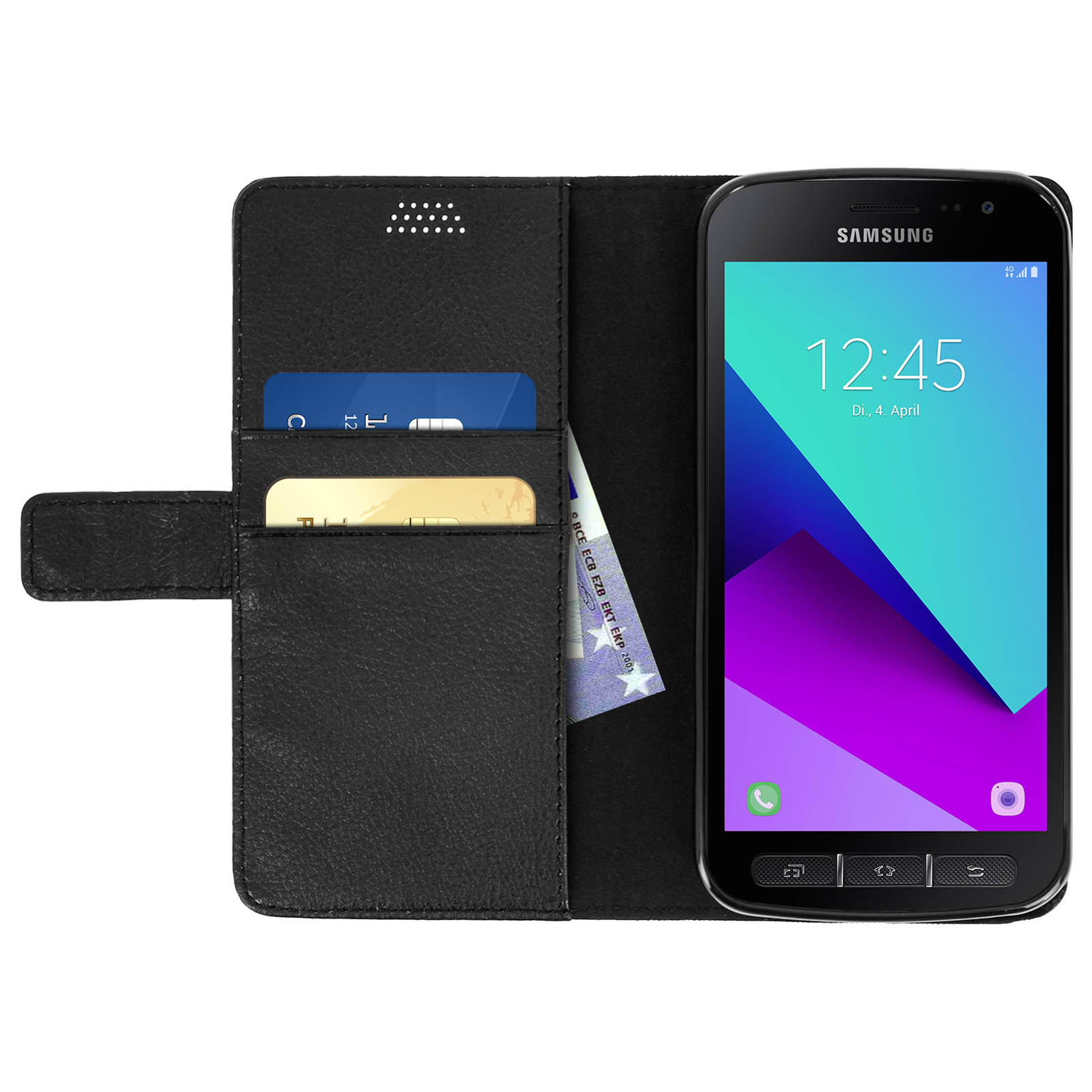 Custodia nera per telefono con telefono, carte di credito e contanti visibili.