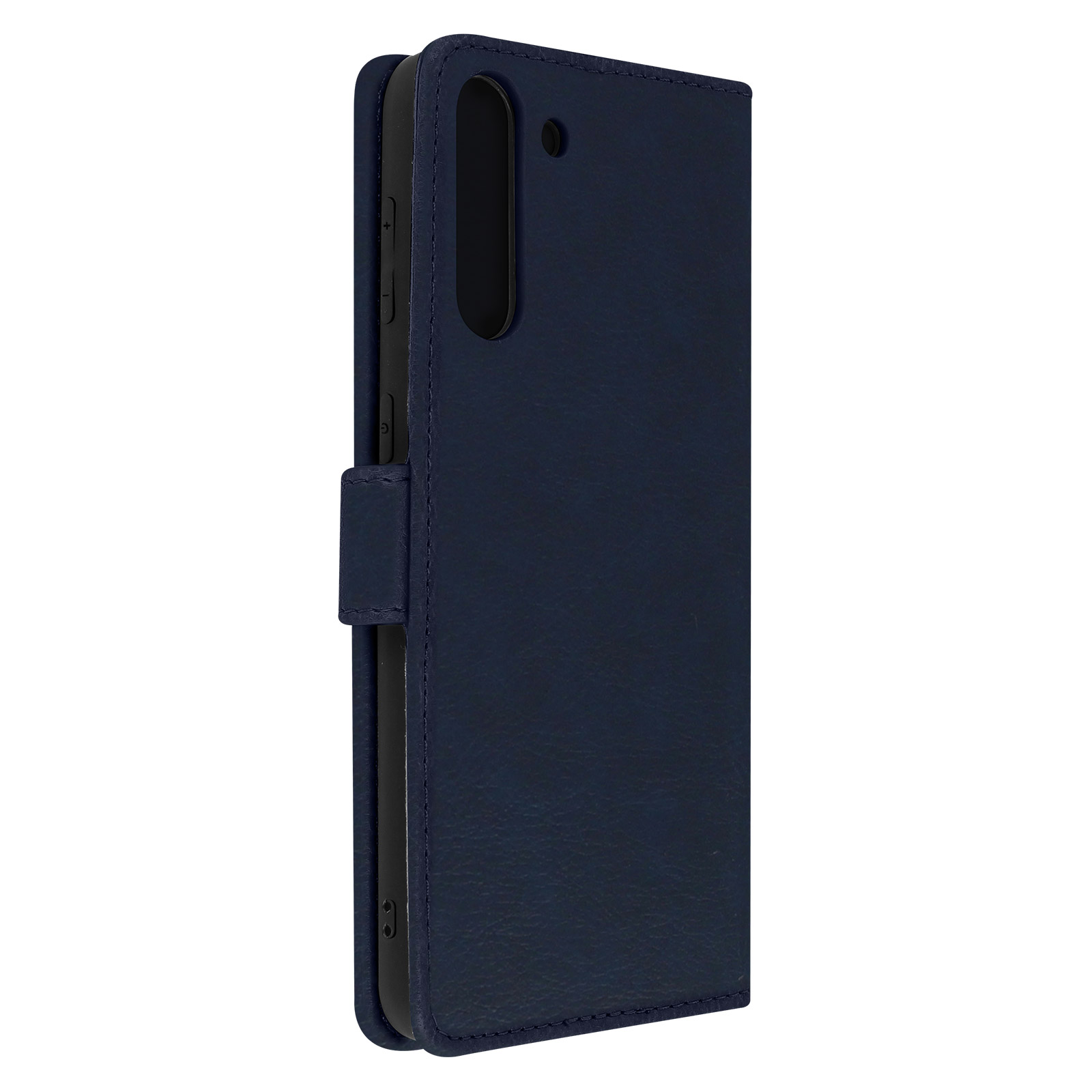 Una custodia per telefono blu con interno blu scuro. La custodia è chiusa.