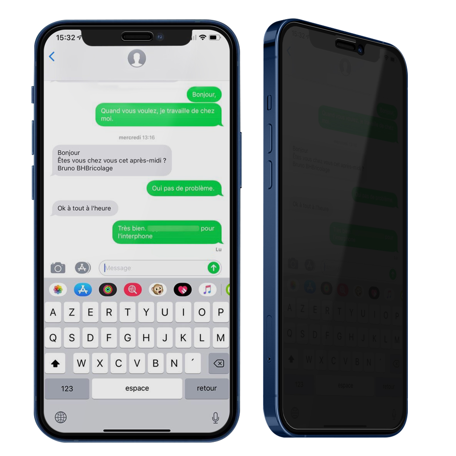 Due iPhone mostrano una conversazione di messaggi di testo con testo francese e tastiera visibile.