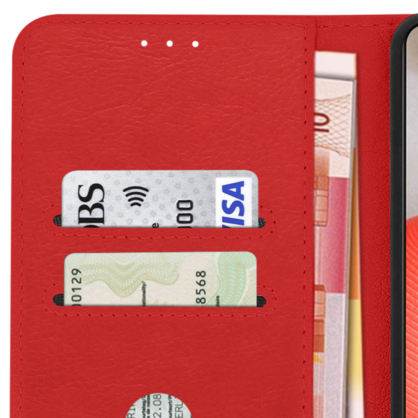 Primo piano di un portafoglio per cellulare rosso, che mostra fessure per carte e valuta.
