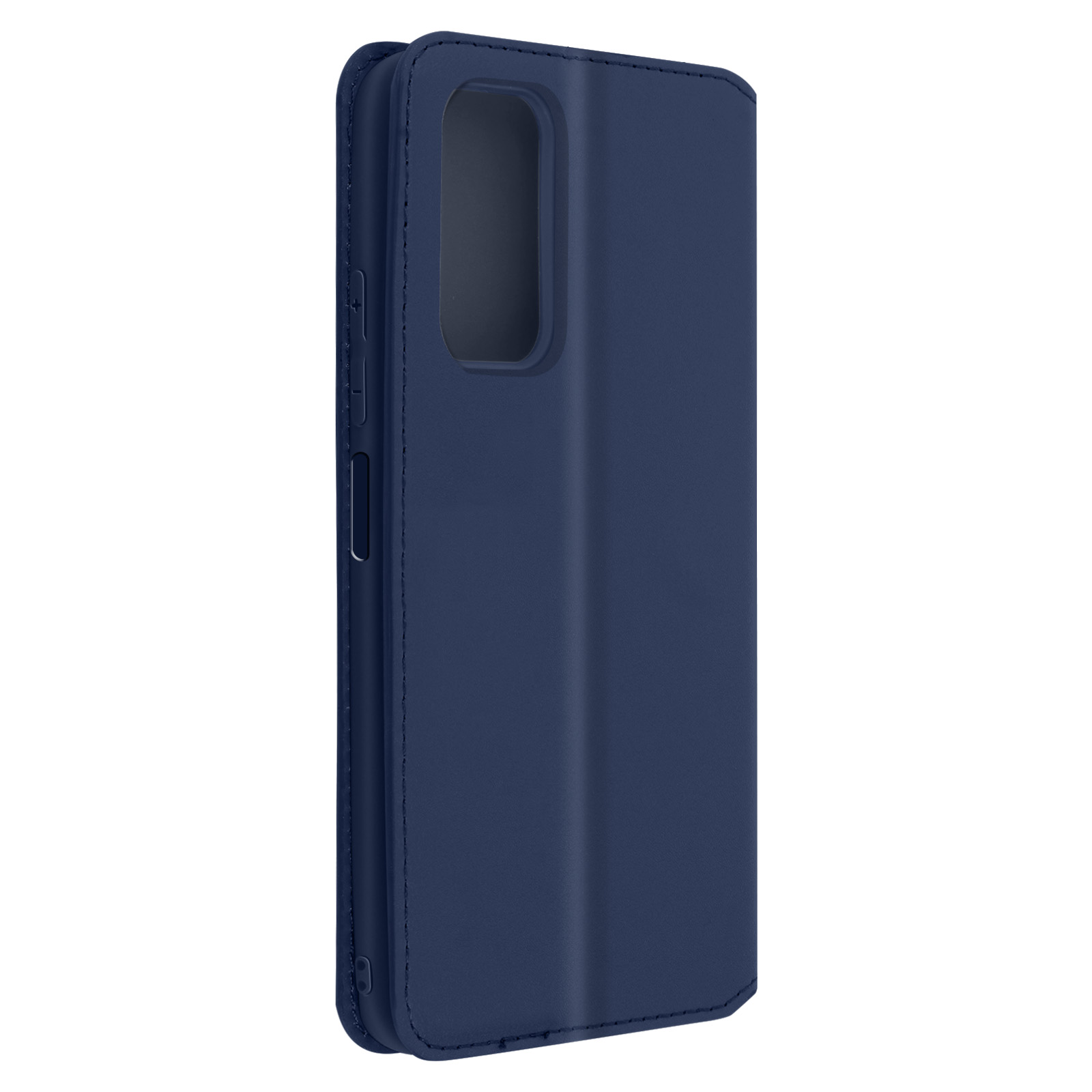 Coque de téléphone bleue pliée. Bleu. Fond blanc.